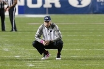 Oct 18, 2014; Provo, UT, USA; Brigham Young Cougars head coach Bronco Mendenhall watches his team warm up before the game against the Nevada Wolf Pack at Lavell Edwards Stadium. Mandatory Credit: Chris Nicoll-USA TODAY Sports