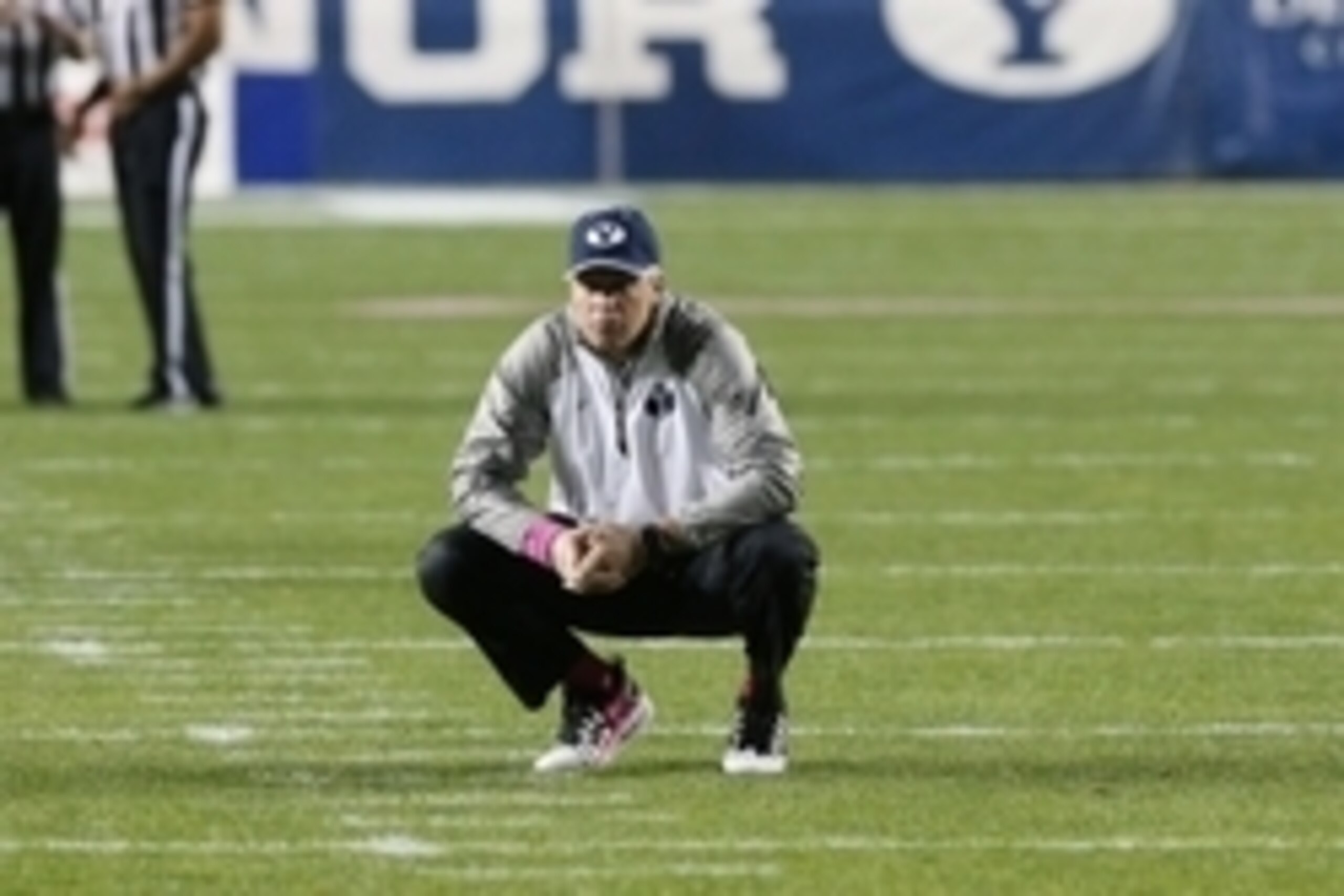 Oct 18, 2014; Provo, UT, USA; Brigham Young Cougars head coach Bronco Mendenhall watches his team warm up before the game against the Nevada Wolf Pack at Lavell Edwards Stadium. Mandatory Credit: Chris Nicoll-USA TODAY Sports