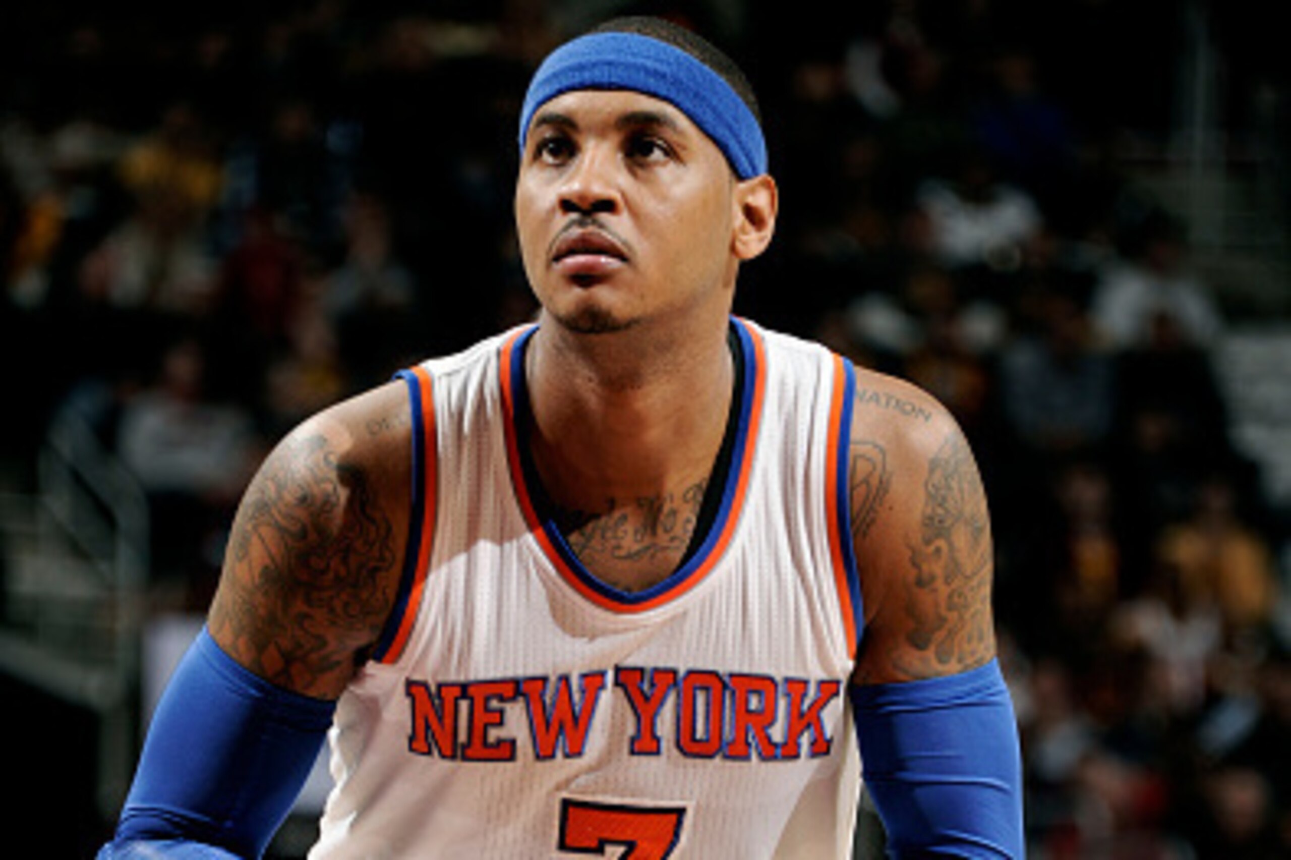 CLEVELAND, OH - OCTOBER 30: Carmelo Anthony #7 of the New York Knicks attempts a free throw against the Cleveland Cavaliers on October 30, 2014 in Cleveland, Ohio. NOTE TO USER: User expressly acknowledges and agrees that, by downloading and/or using this