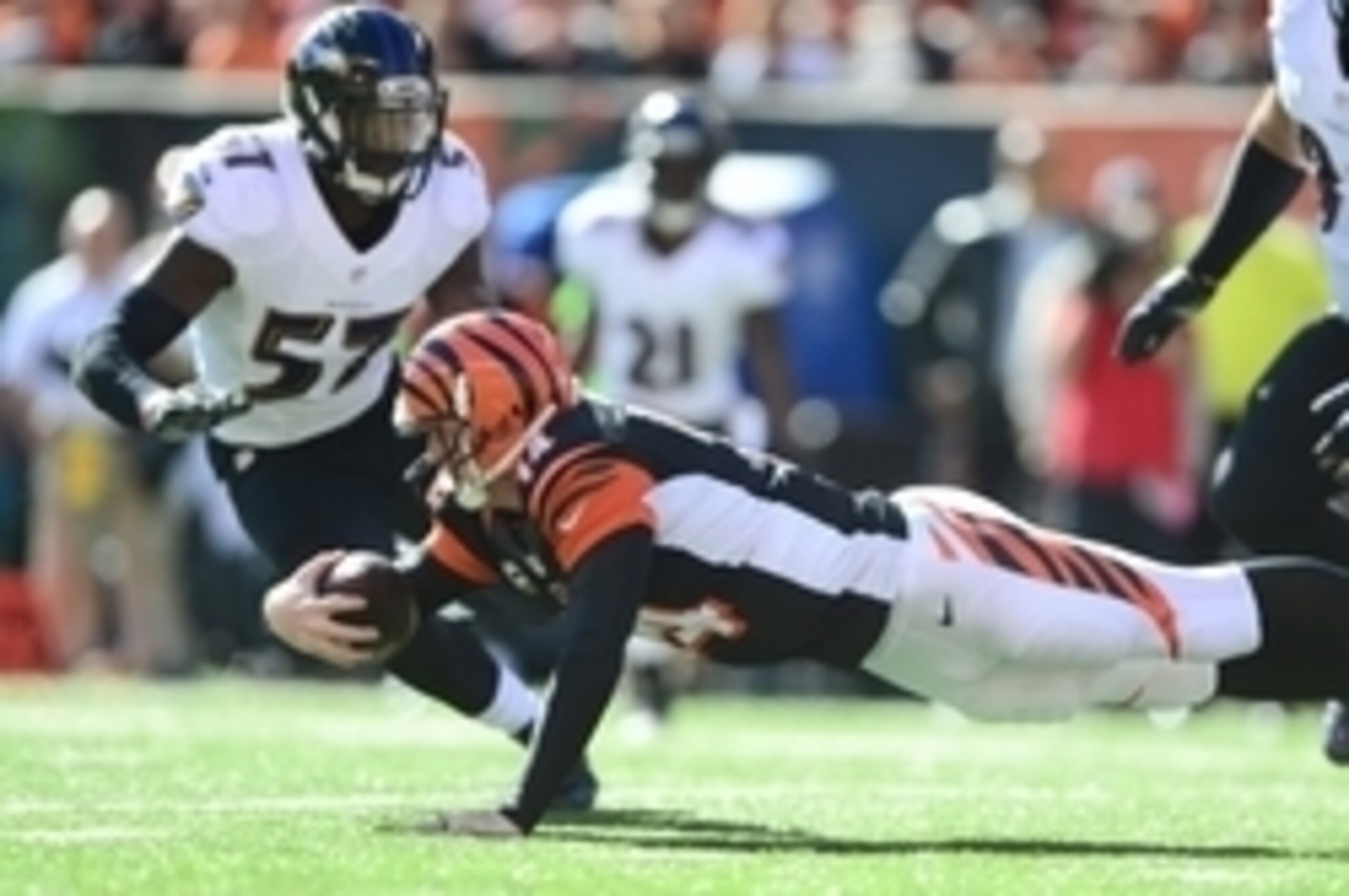 Oct 26, 2014; Cincinnati, OH, USA; Cincinnati Bengals quarterback Andy Dalton (14) dives before getting hit by Baltimore Ravens inside linebacker C.J. Mosley (57) during the first quarter at Paul Brown Stadium. Mandatory Credit: Andrew Weber-USA TODAY Spo