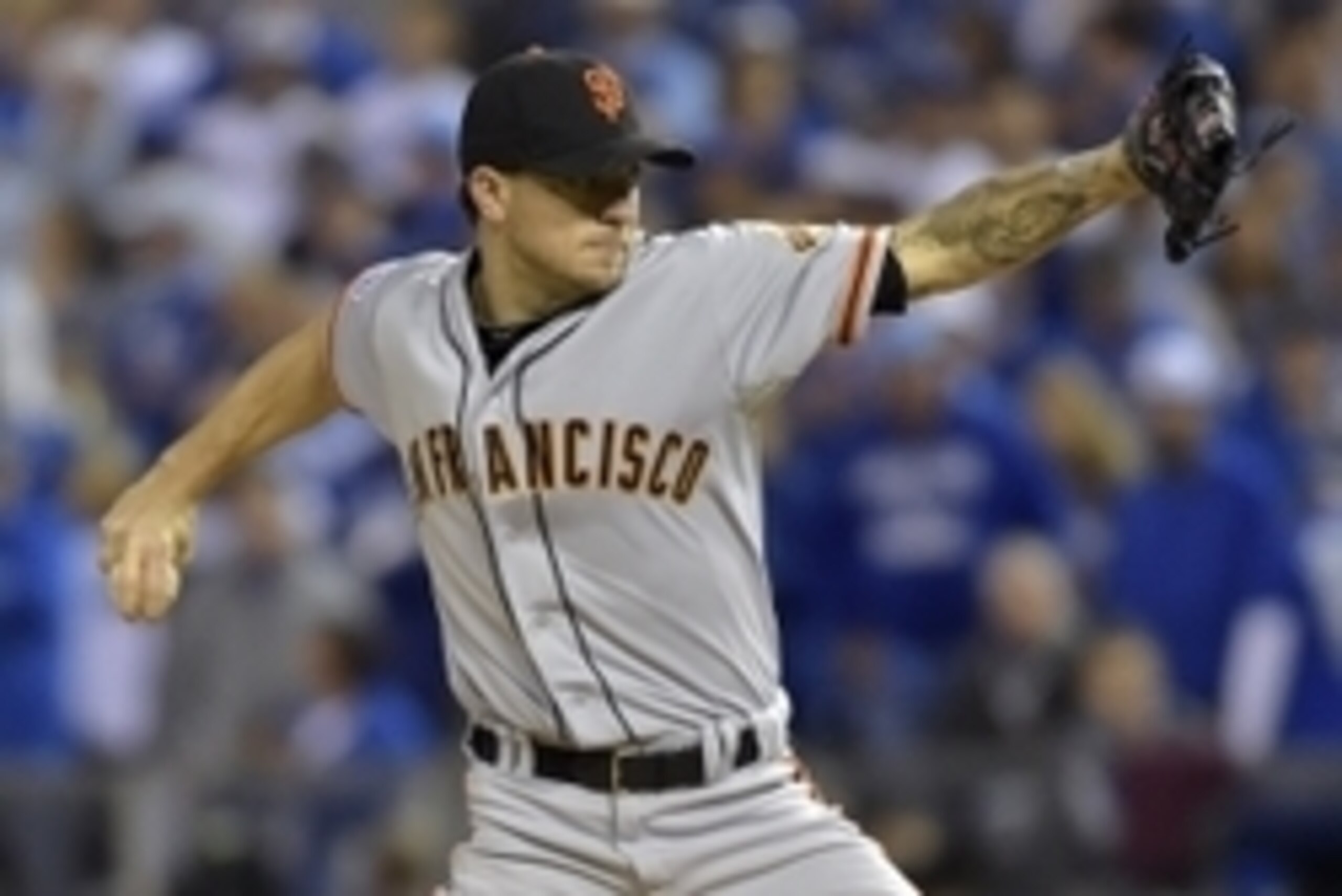 Oct 28, 2014; Kansas City, MO, USA; San Francisco Giants starting pitcher Jake Peavy throws a pitch against the Kansas City Royals in the first inning during game six of the 2014 World Series at Kauffman Stadium. Mandatory Credit: Denny Medley-USA TODAY S Oct 28, 2014; Kansas City, MO, USA; San Francisco Giants starting pitcher Jake Peavy throws a pitch against the Kansas City Royals in the first inning during game six of the 2014 World Series at Kauffman Stadium. Mandatory Credit: Denny Medley-USA TODAY S