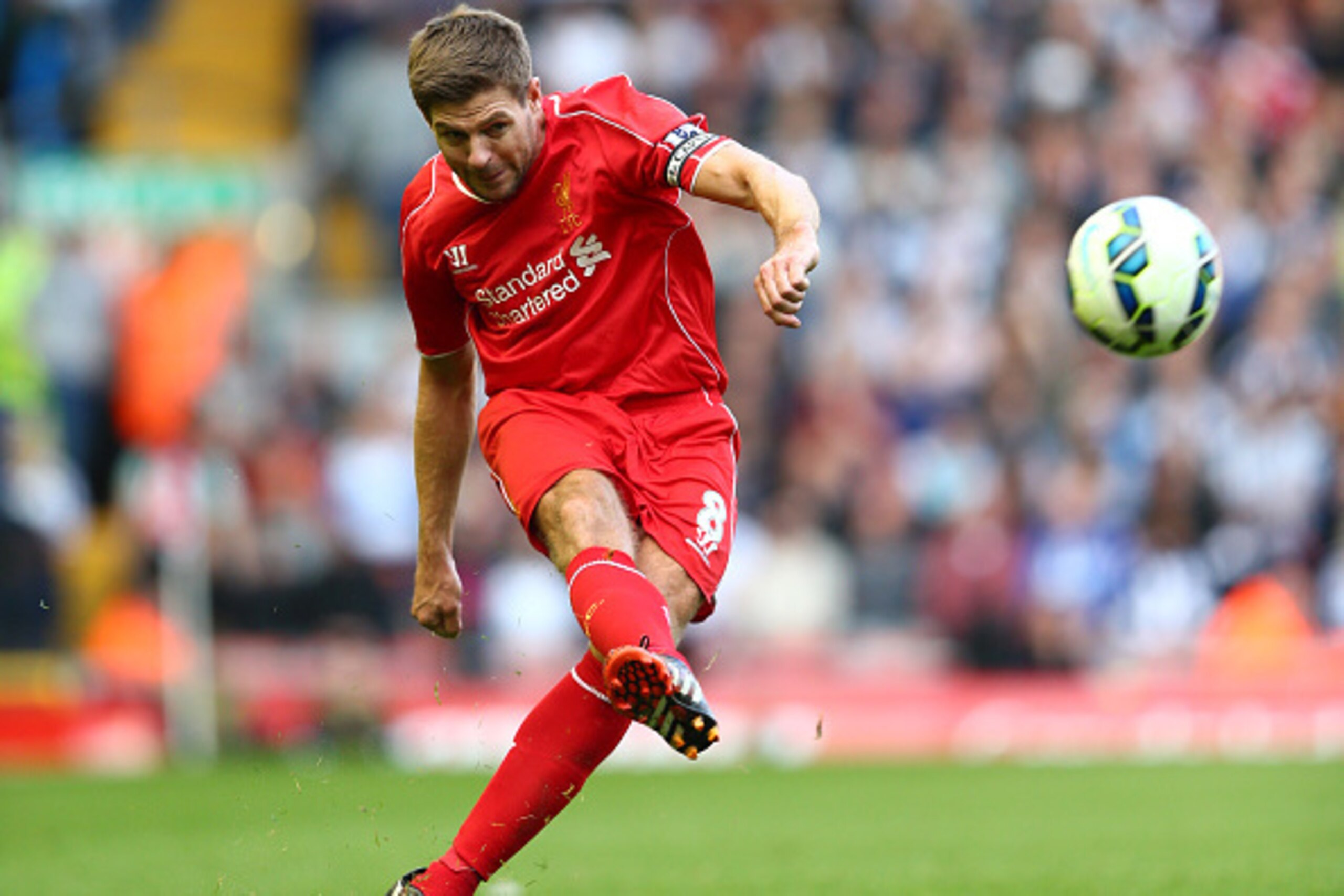 LIVERPOOL, ENGLAND - OCTOBER 04:  Steven Gerrard of Liverpool in action during the Barclays Premier League match between Liverpool and West Bromwich Albion at Anfield on October 4, 2014 in Liverpool, England.  (Photo by Clive Brunskill/Getty Images)