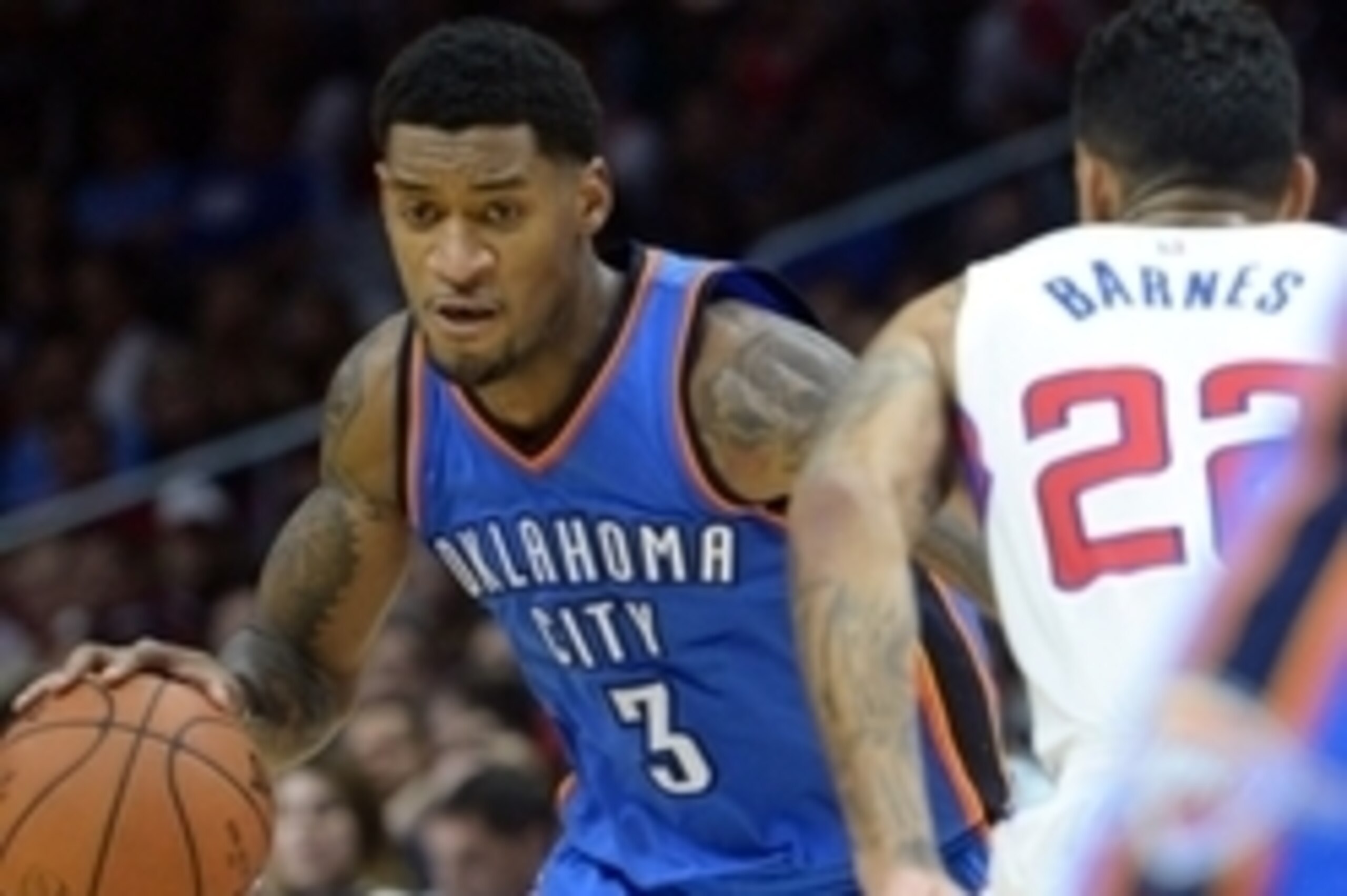 Oct 30, 2014; Los Angeles, CA, USA;     Los Angeles Clippers forward Matt Barnes (22) guards Oklahoma City Thunder forward Perry Jones (3) during the game at Staples Center. Clippers won 93-90. Mandatory Credit: Jayne Kamin-Oncea-USA TODAY Sports