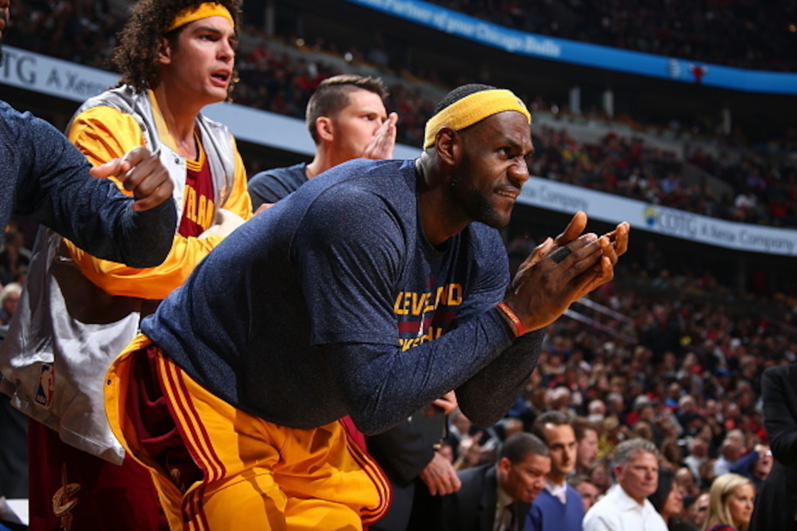 CHICAGO, IL - OCTOBER 31:  LeBron James #23 of the Cleveland Cavaliers cheers during a game against the Chicago Bulls at the United Center  on October 31, 2014 in Chicago, Illinois. NOTE TO USER: User expressly acknowledges and agrees that, by downloading