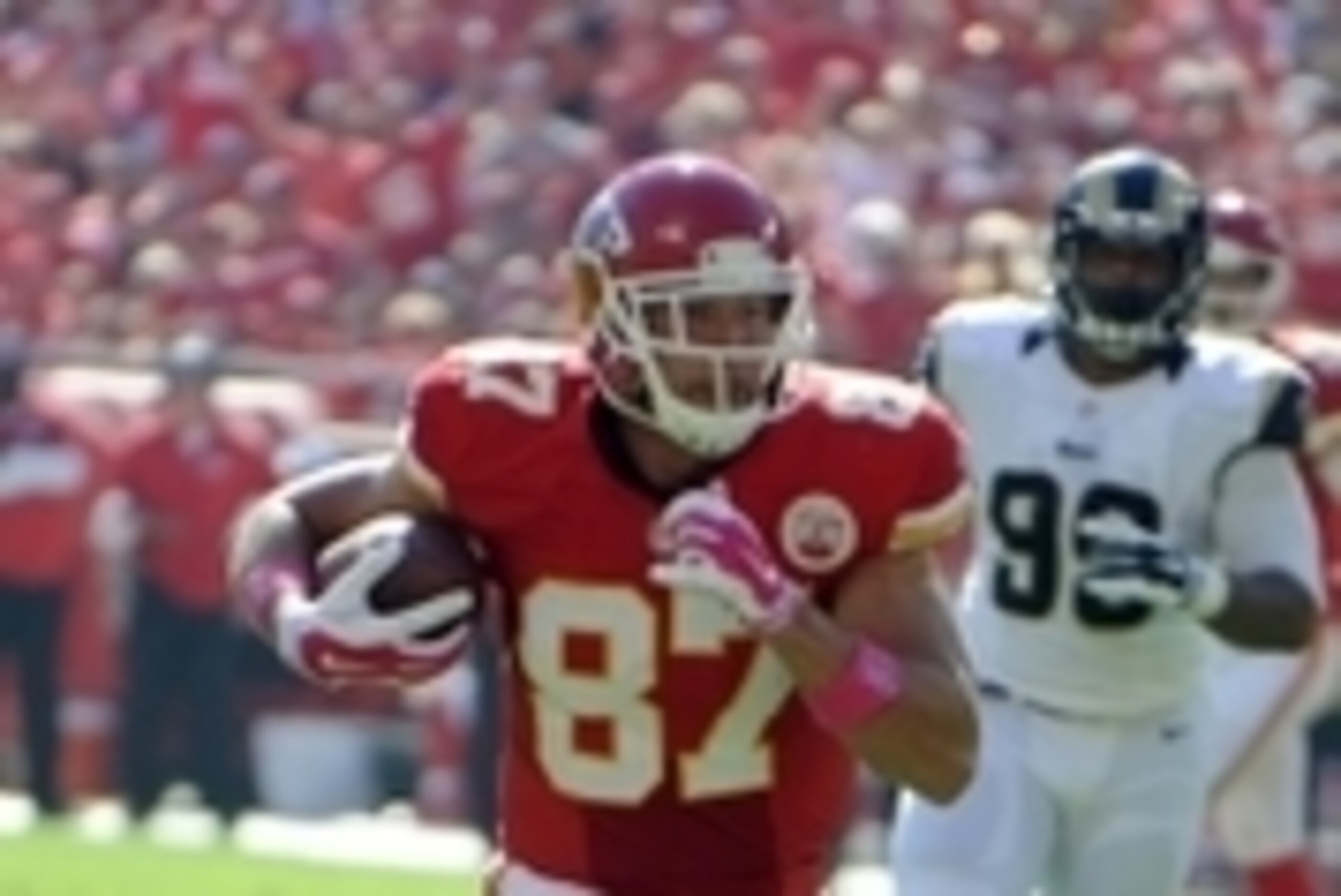 Oct 26, 2014; Kansas City, MO, USA; Kansas City Chiefs tight end Travis Kelce (87) runs after a catch against the St. Louis Rams in the first half at Arrowhead Stadium. Kansas City won the game 34-7. Mandatory Credit: John Rieger-USA TODAY Sports