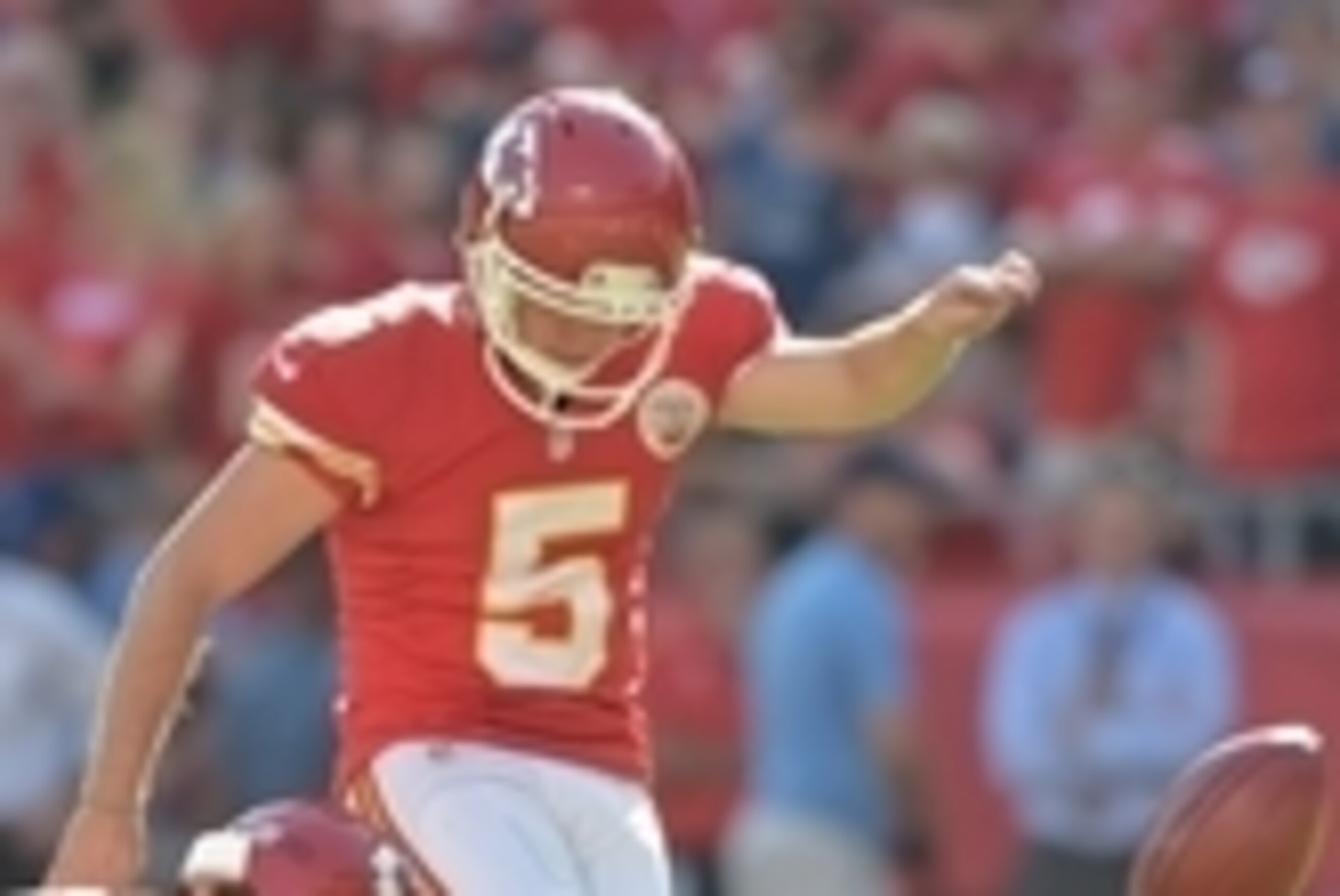 Oct 26, 2014; Kansas City, MO, USA; Kansas City Chiefs kicker Cairo Santos (5) kicks the point after touchdown during the second half against the St. Louis Rams at Arrowhead Stadium. The Chiefs won 34-7. Mandatory Credit: Denny Medley-USA TODAY Sports