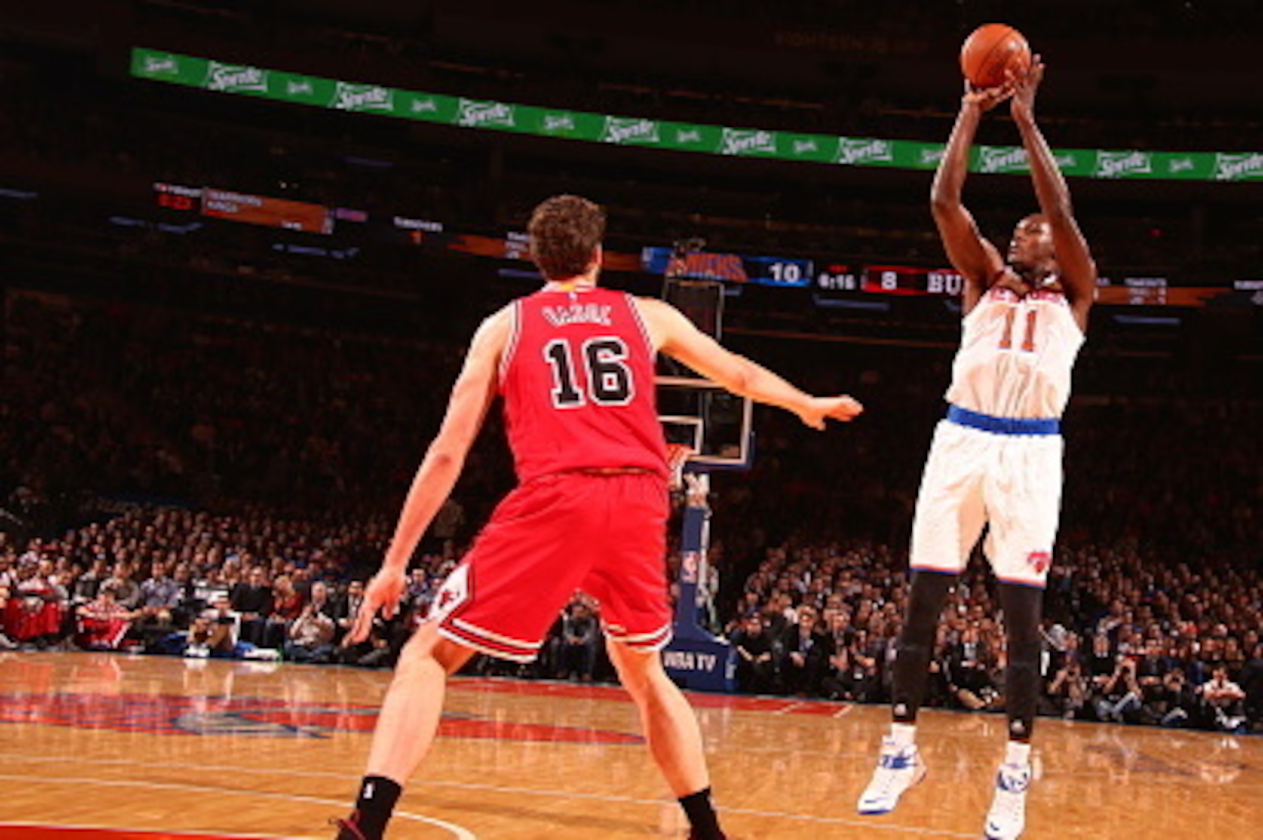 NEW YORK, NY - OCTOBER 29:  Samuel Dalembert #11 of the New York Knicks takes a shot against the Chicago Bulls during a game at Madison Square Garden in New York City on October 29, 2014.  NOTE TO USER: User expressly acknowledges and agrees that, by down