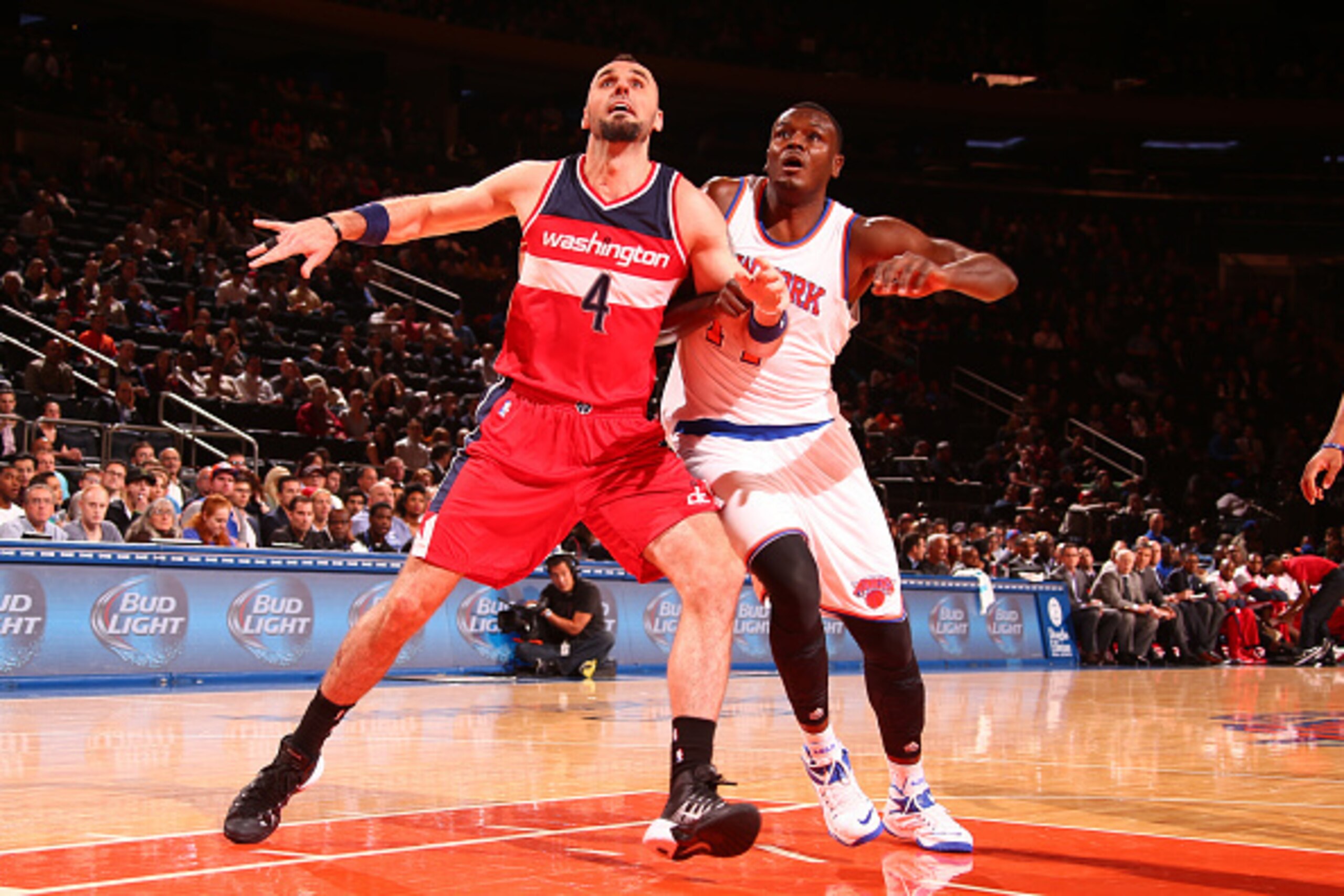 NEW YORK, NY - OCTOBER 22:  Marcin Gortat #4 of the Washington Wizards boxes out Samuel Dalembert #11 of the New York Knicks during a game at Madison Square Garden in New York City on October 22, 2014.  NOTE TO USER: User expressly acknowledges and agrees