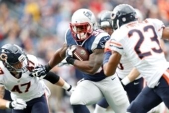 Oct 26, 2014; Foxborough, MA, USA; New England Patriots running back Jonas Gray (35) carries the ball during the first quarter against the Chicago Bears at Gillette Stadium. Mandatory Credit: Greg M. Cooper-USA TODAY Sports