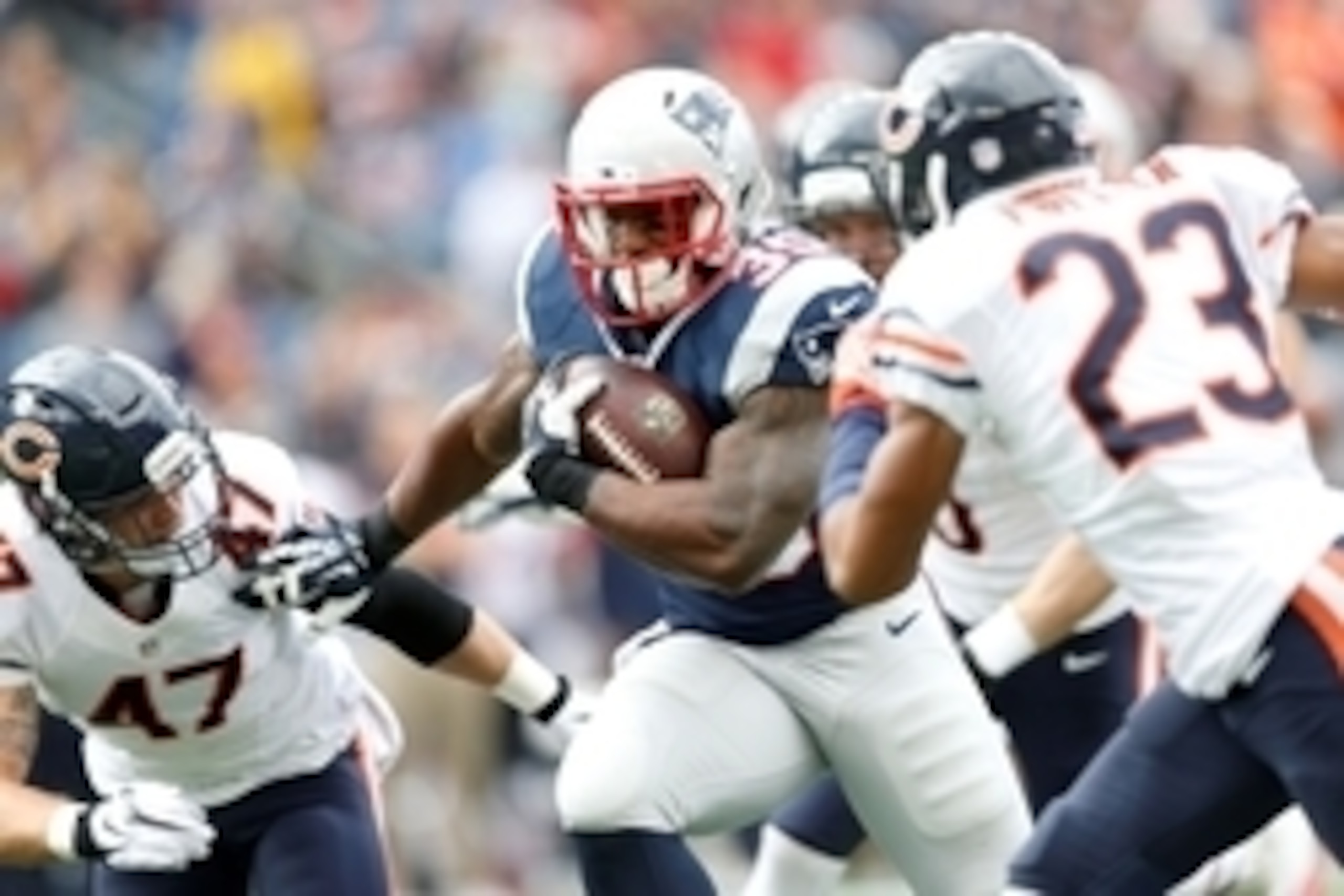 Oct 26, 2014; Foxborough, MA, USA; New England Patriots running back Jonas Gray (35) carries the ball during the first quarter against the Chicago Bears at Gillette Stadium. Mandatory Credit: Greg M. Cooper-USA TODAY Sports
