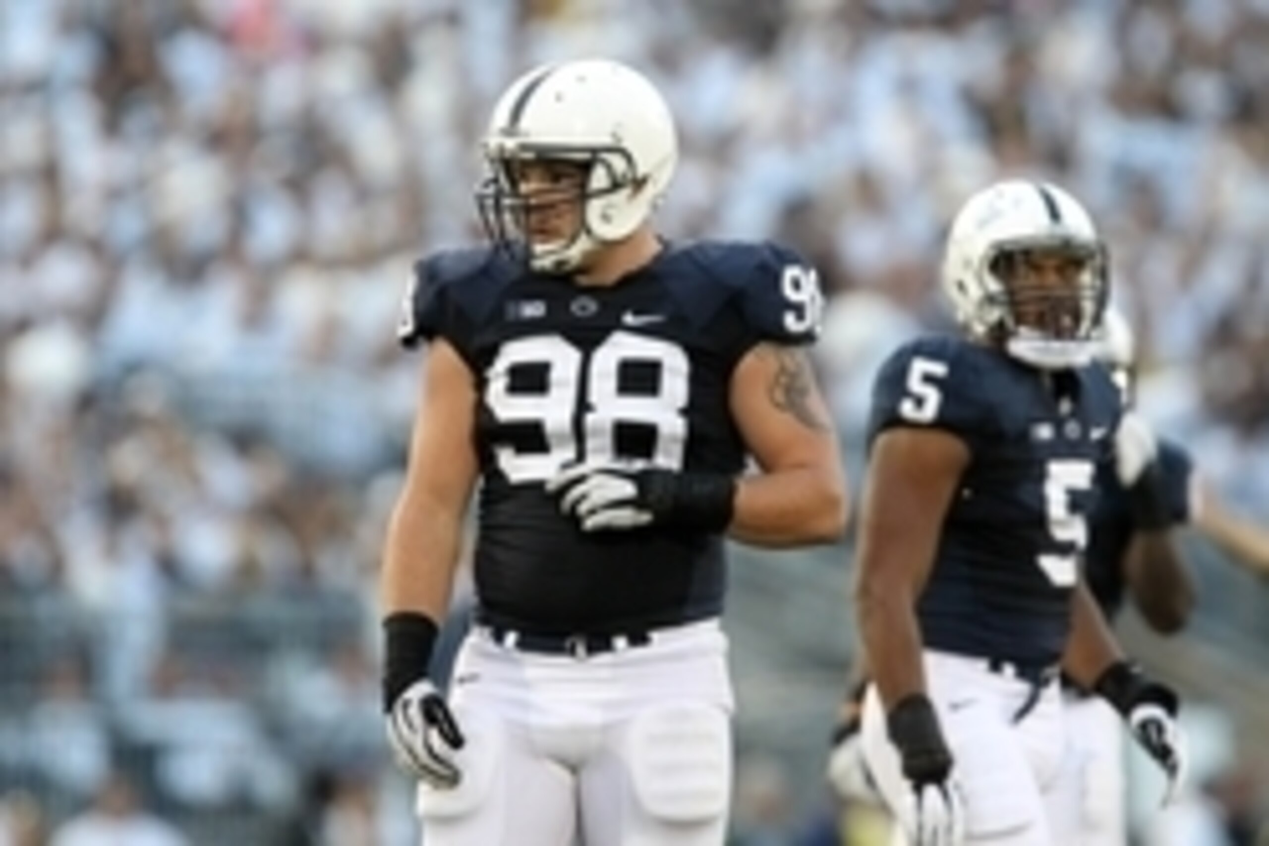 Oct 12, 2013; University Park, PA, USA; Penn State Nittany Lions defensive end Anthony Zettel (98) during the second quarter against the Michigan Wolverines at Beaver Stadium. Penn State defeated Michigan 43-40 in overtime. Mandatory Credit: Matthew O'Har