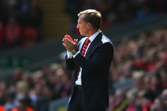 LIVERPOOL, ENGLAND - AUGUST 17: Brendan Rodgers, manager of Liverpool applauds his team during the Barclays Premier League match between Liverpool and Southampton at Anfield on August 17, 2014 in Liverpool, England.  (Photo by Alex Livesey/Getty Images)