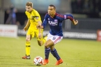 Sep 20, 2014; Columbus, OH, USA; New England Revolution forward Charlie Davies (9) dribbles the ball in the second half of the game against the Columbus Crew at Crew Stadium. Columbus Crew wins by the score of 1-0 over New England Revolution. Mandatory Cr