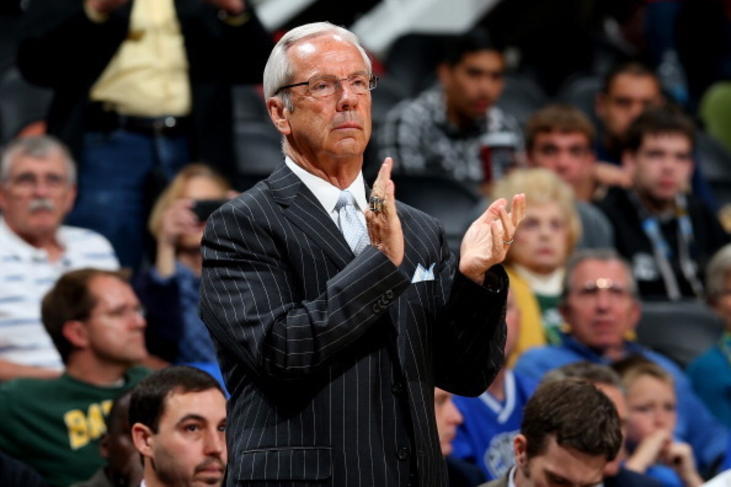 SAN ANTONIO, TX - MARCH 23: Head coach Roy Williams of the North Carolina Tar Heels looks on during the third round of the 2014 NCAA Men's Basketball Tournament against the Iowa State Cyclones at the AT&T Center on March 23, 2014 in San Antonio, Texas.  (