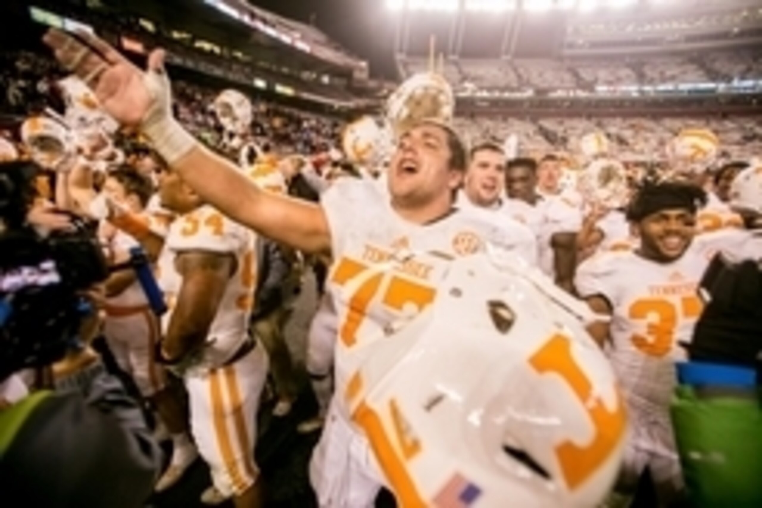 Nov 1, 2014; Columbia, SC, USA; Tennessee Volunteers offensive lineman Kyler Kerbyson (77) sings Rocky Top following their overtime win over the South Carolina Gamecocks at Williams-Brice Stadium. Mandatory Credit: Jeff Blake-USA TODAY Sports Nov 1, 2014; Columbia, SC, USA; Tennessee Volunteers offensive lineman Kyler Kerbyson (77) sings Rocky Top following their overtime win over the South Carolina Gamecocks at Williams-Brice Stadium. Mandatory Credit: Jeff Blake-USA TODAY Sports