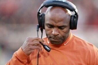 Nov 1, 2014; Lubbock, TX, USA; Texas Longhorns head coach Charlie Strong on the sidelines during the game with the Texas Tech Red Raiders at Jones AT&T Stadium. Mandatory Credit: Michael C. Johnson-USA TODAY Sports
