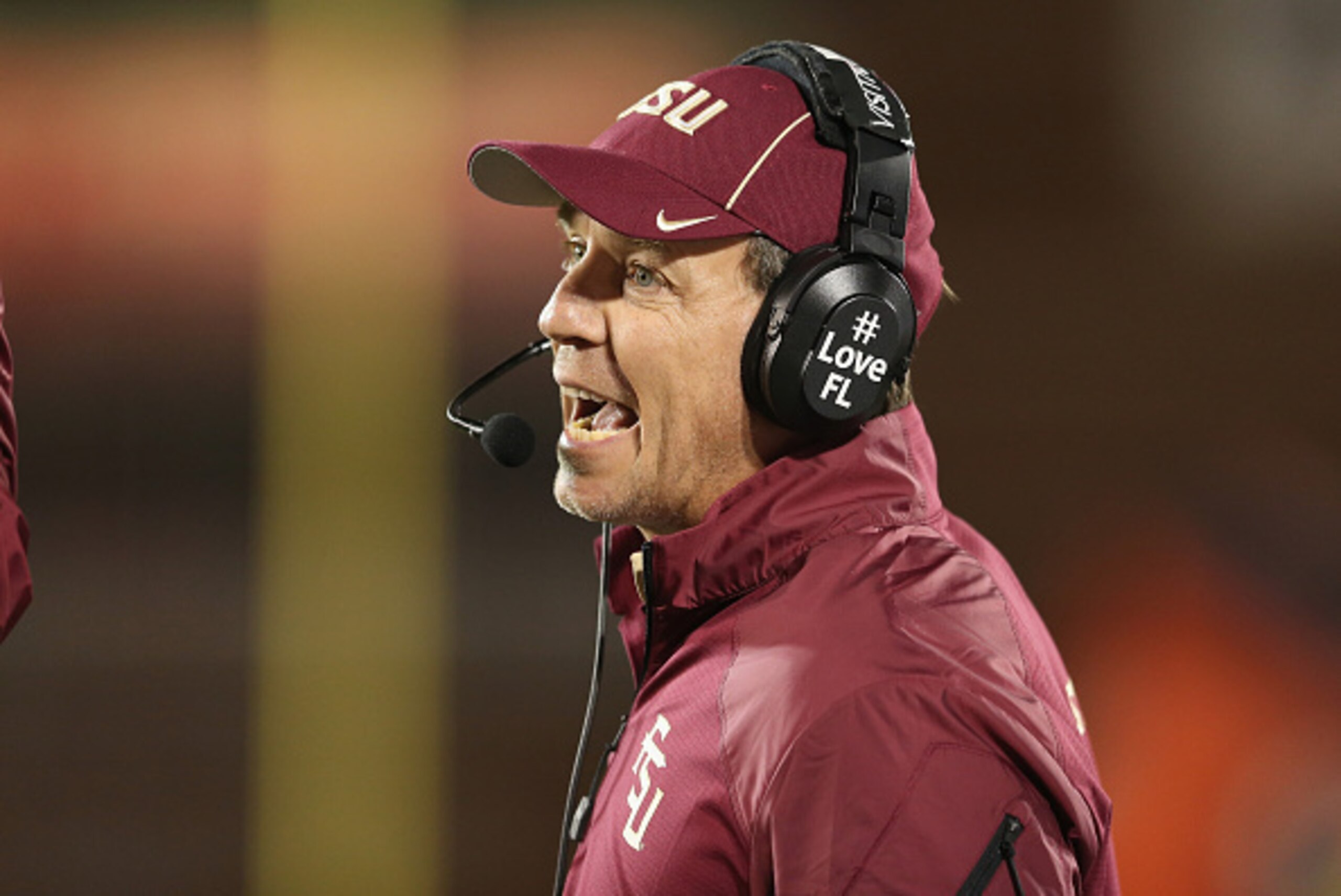 LOUISVILLE, KY - OCTOBER 30:  Jimbo Fisher the head coach of the Florida State Seminoles gives instructions to his team during the game against the Louisville Cardinals at Papa John's Cardinal Stadium on October 30, 2014 in Louisville, Kentucky.  (Photo b