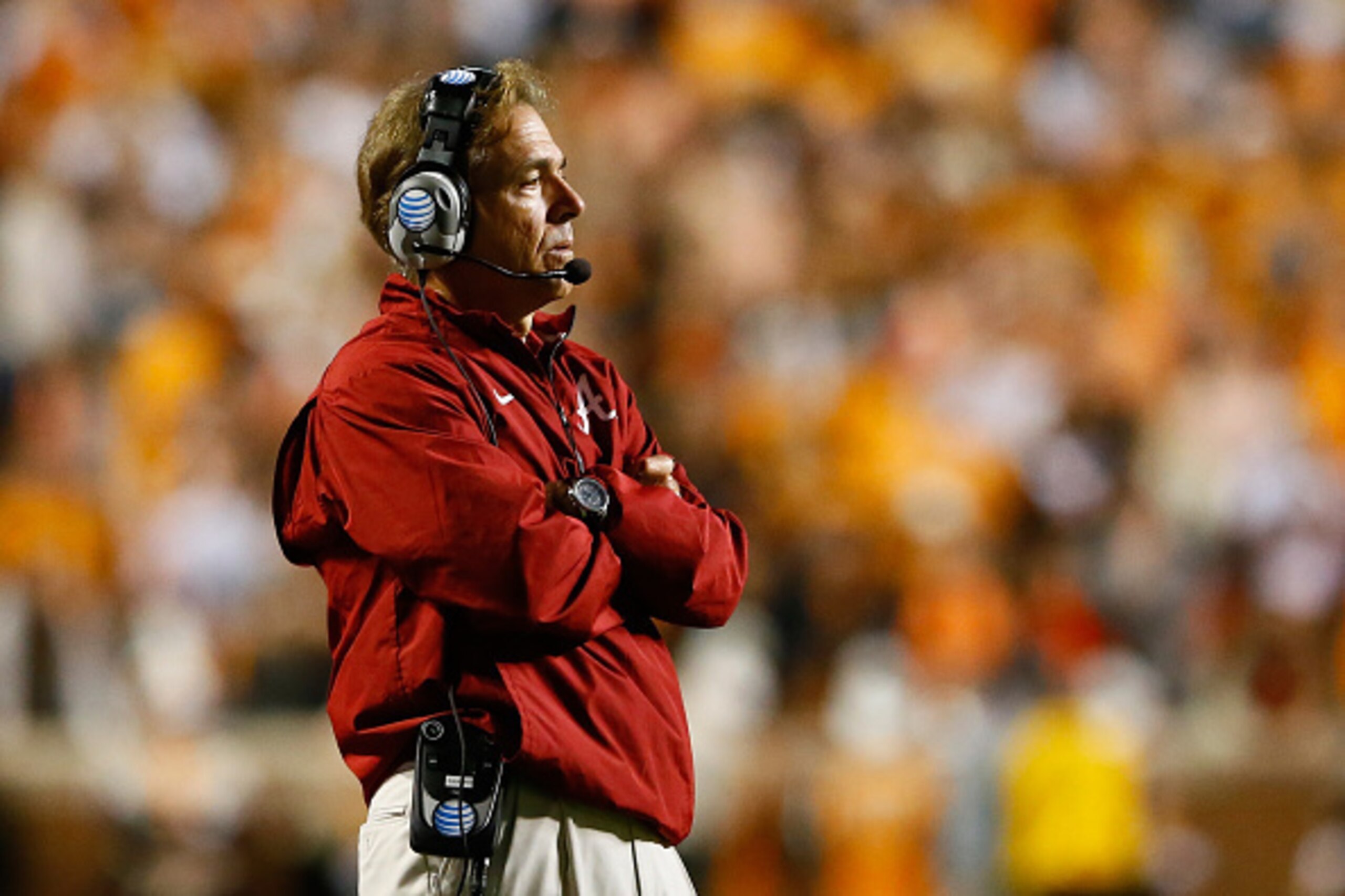 KNOXVILLE, TN - OCTOBER 25:  Head coach Nick Saban of the Alabama Crimson Tide looks on during the game against the Tennessee Volunteers at Neyland Stadium on October 25, 2014 in Knoxville, Tennessee.  (Photo by Kevin C. Cox/Getty Images)