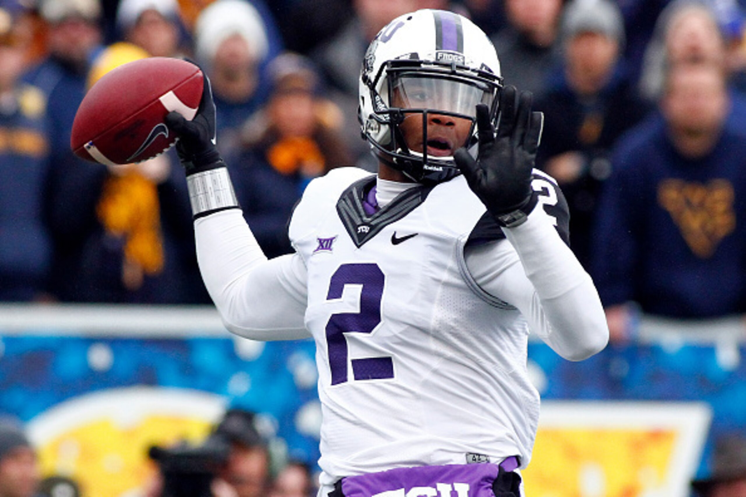 MORGANTOWN, WV - NOVEMBER 01:  Trevone Boykin #2 of the TCU Horned Frogs drops back to pass in the first quarter against the West Virginia Mountaineers during the game on November 1, 2014 at Mountaineer Field in Morgantown, West Virginia.  (Photo by Justi