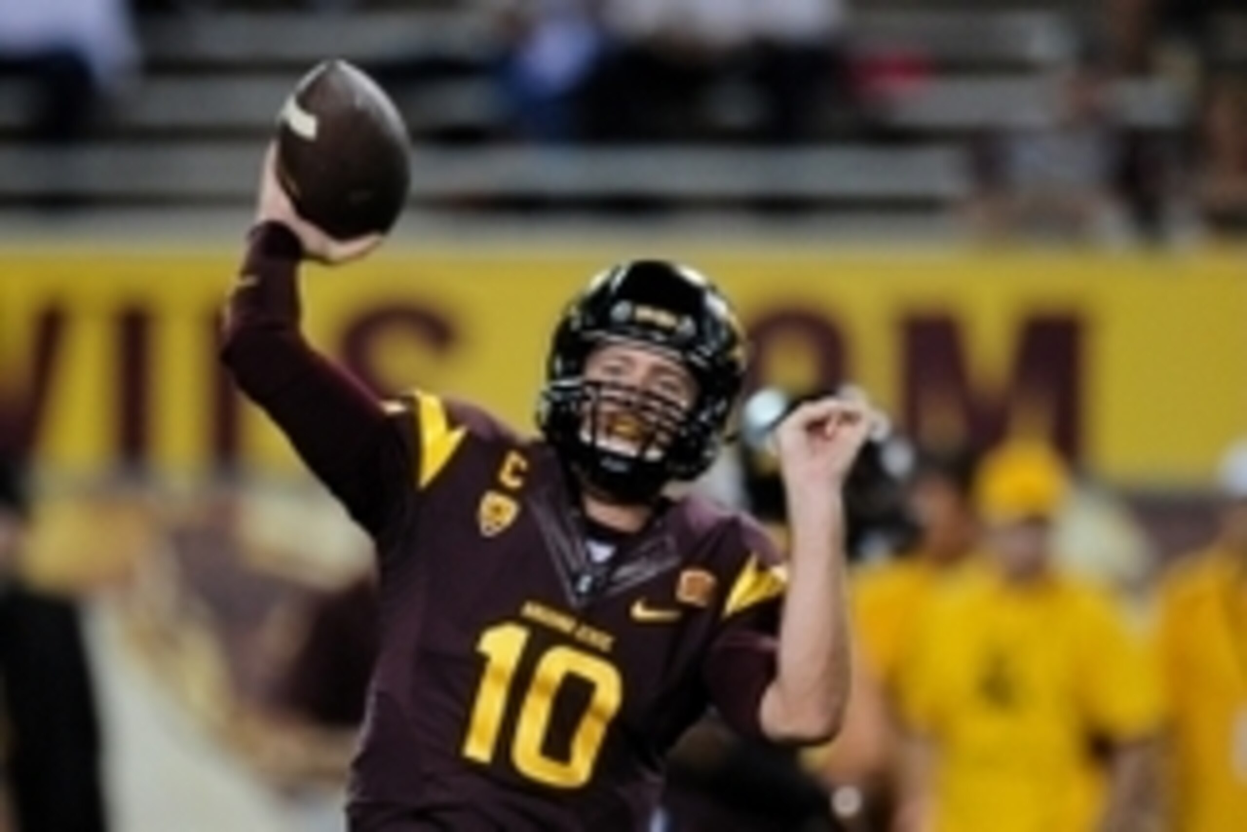 Nov 1, 2014; Tempe, AZ, USA; Arizona State Sun Devils quarterback Taylor Kelly (10) warms up prior to the game against the Utah Utes at Sun Devil Stadium. Mandatory Credit: Matt Kartozian-USA TODAY Sports
