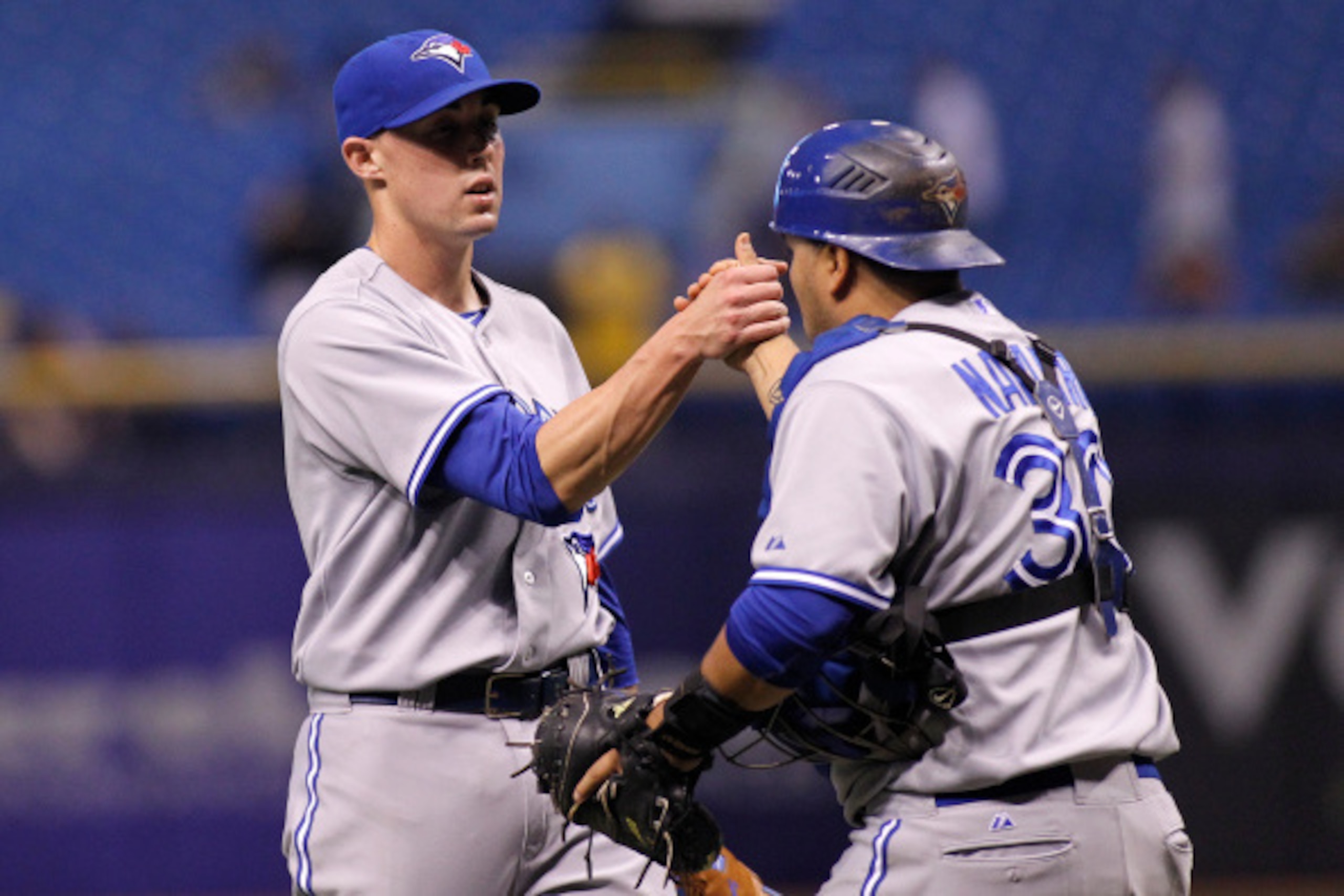 ST. PETERSBURG, FL - SEPTEMBER 3: Pitcher Aaron Sanchez #41 of the Toronto Blue Jays celebrates with catcher Dioner Navarro #30 following the Blue Jays' 7-4 win over the Tampa Bay Rays on September 3, 2014 at Tropicana Field in St. Petersburg, Florida. ST. PETERSBURG, FL - SEPTEMBER 3: Pitcher Aaron Sanchez #41 of the Toronto Blue Jays celebrates with catcher Dioner Navarro #30 following the Blue Jays' 7-4 win over the Tampa Bay Rays on September 3, 2014 at Tropicana Field in St. Petersburg, Florida.