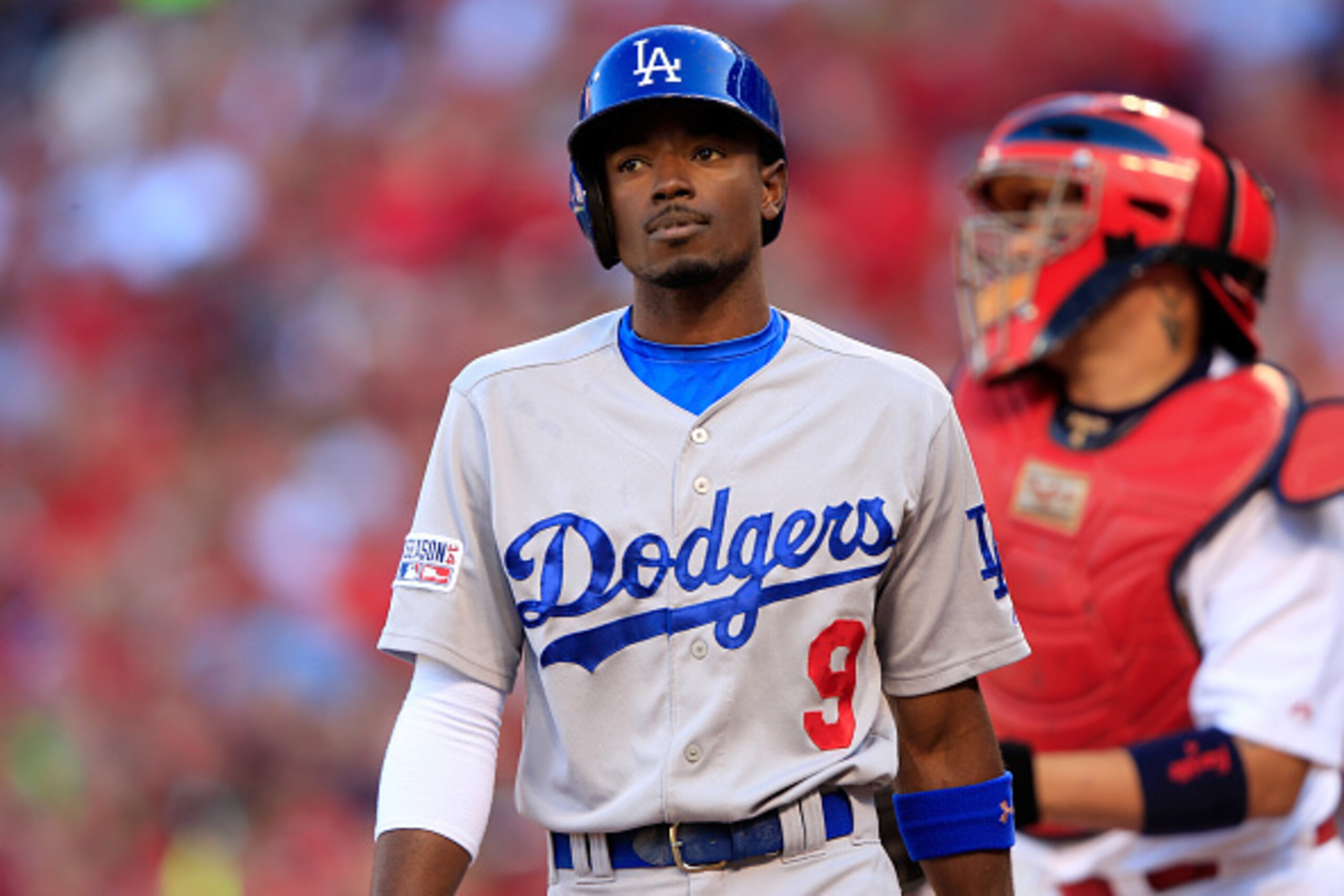 ST LOUIS, MO - OCTOBER 07: Dee Gordon #9 of the Los Angeles Dodgers reacts after striking out in the first inning against the St. Louis Cardinals in Game Four of the National League Divison Series at Busch Stadium on October 7, 2014 in St Louis, Missouri.
