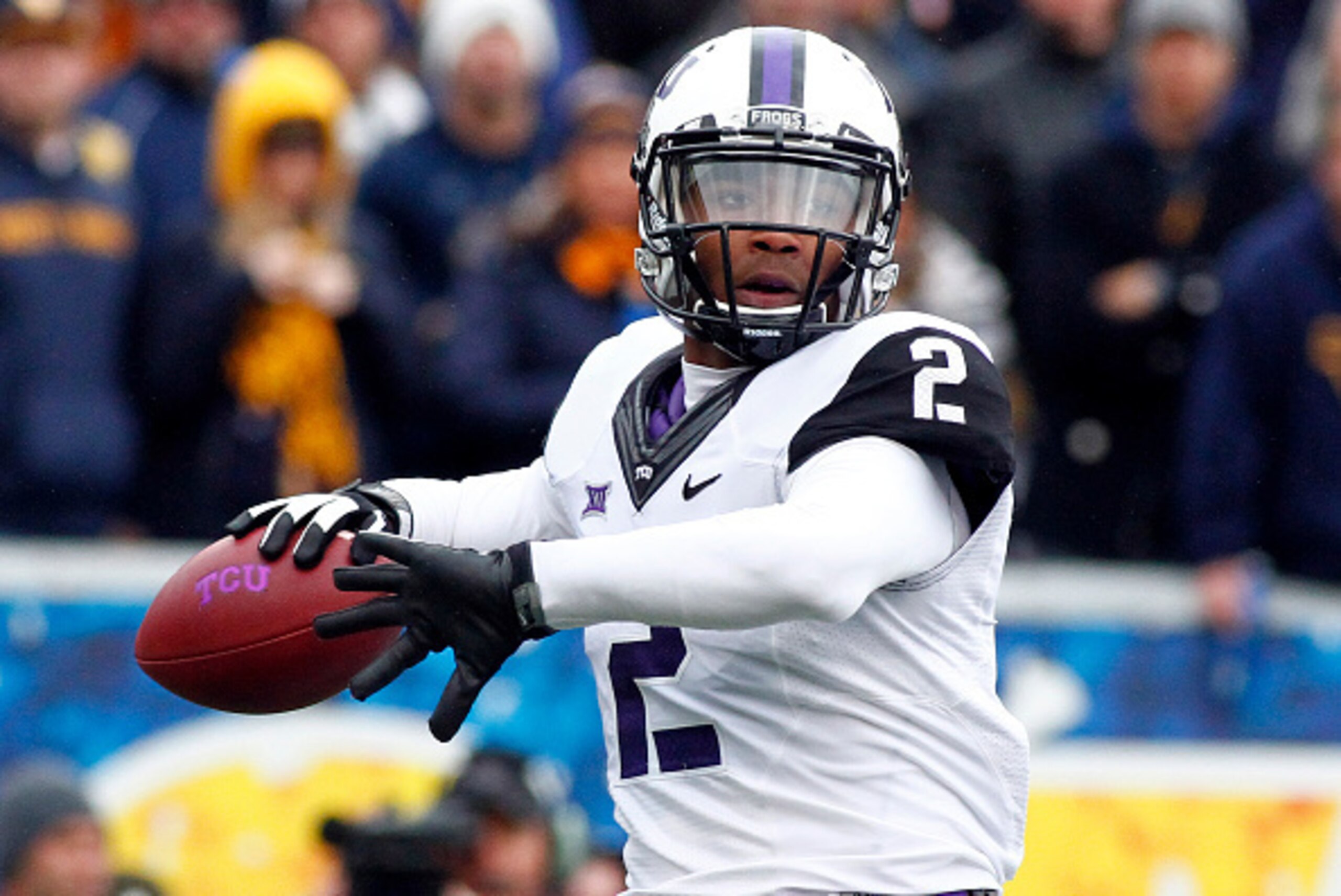 MORGANTOWN, WV - NOVEMBER 01:  Trevone Boykin #2 of the TCU Horned Frogs drops back to pass in the first quarter against the West Virginia Mountaineers during the game on November 1, 2014 at Mountaineer Field in Morgantown, West Virginia.  (Photo by Justi