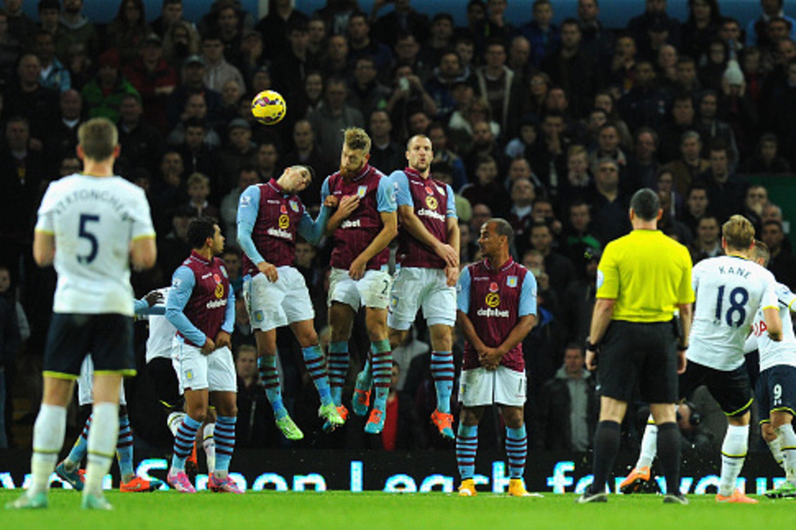 BIRMINGHAM, ENGLAND - NOVEMBER 02:  Spurs striker Harry Kane (18) strikes the second goal from a free kick during the Barclays Premier League match between Aston Villa and Tottenham Hotspur at Villa Park on November 2, 2014 in Birmingham, England.  (Photo