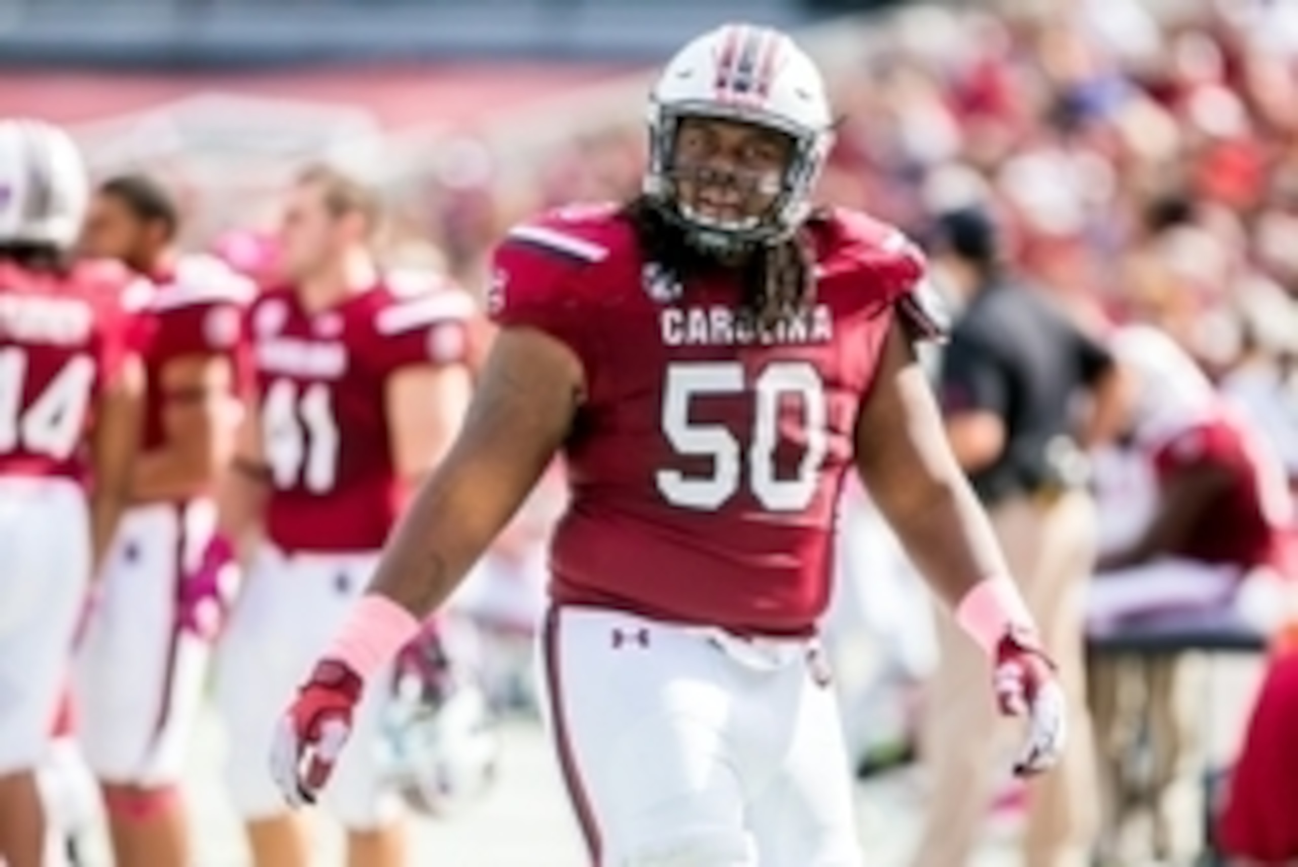 Oct 18, 2014; Columbia, SC, USA; South Carolina Gamecocks guard A.J. Cann (50) on the sidelines against the Furman Paladins in the second half at Williams-Brice Stadium. Mandatory Credit: Jeff Blake-USA TODAY Sports