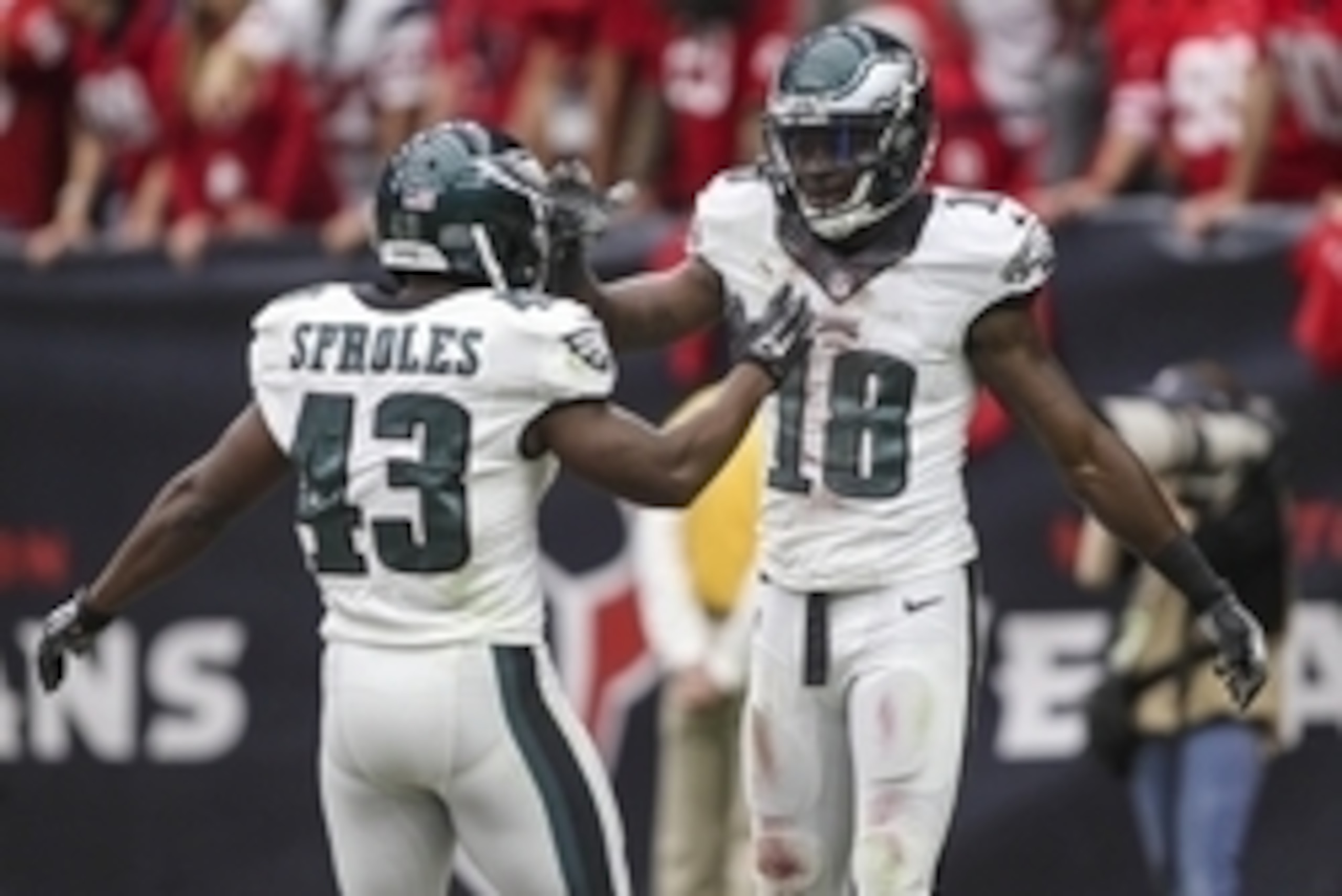 Nov 2, 2014; Houston, TX, USA; Philadelphia Eagles wide receiver Jeremy Maclin (18) celebrates with running back Darren Sproles (43) after scoring a touchdown during the first quarter against the Houston Texans at NRG Stadium. Mandatory Credit: Troy Taorm Nov 2, 2014; Houston, TX, USA; Philadelphia Eagles wide receiver Jeremy Maclin (18) celebrates with running back Darren Sproles (43) after scoring a touchdown during the first quarter against the Houston Texans at NRG Stadium. Mandatory Credit: Troy Taorm