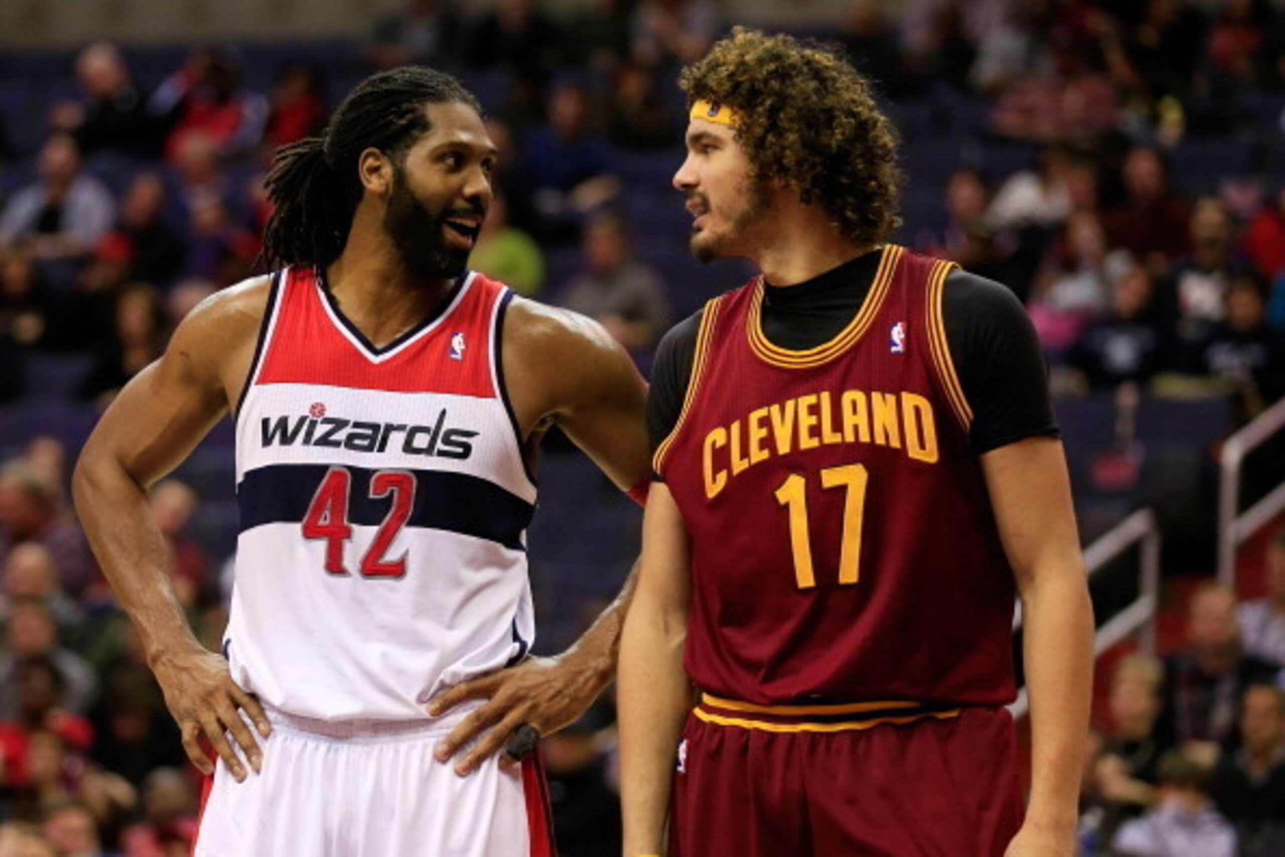 WASHINGTON, DC - FEBRUARY 07: Nene Hilario #42 of the Washington Wizards talks with Anderson Varejao #17 of the Cleveland Cavaliers during the fourth quarter at Verizon Center on February 7, 2014 in Washington, DC. NOTE TO USER: User expressly acknowledge
