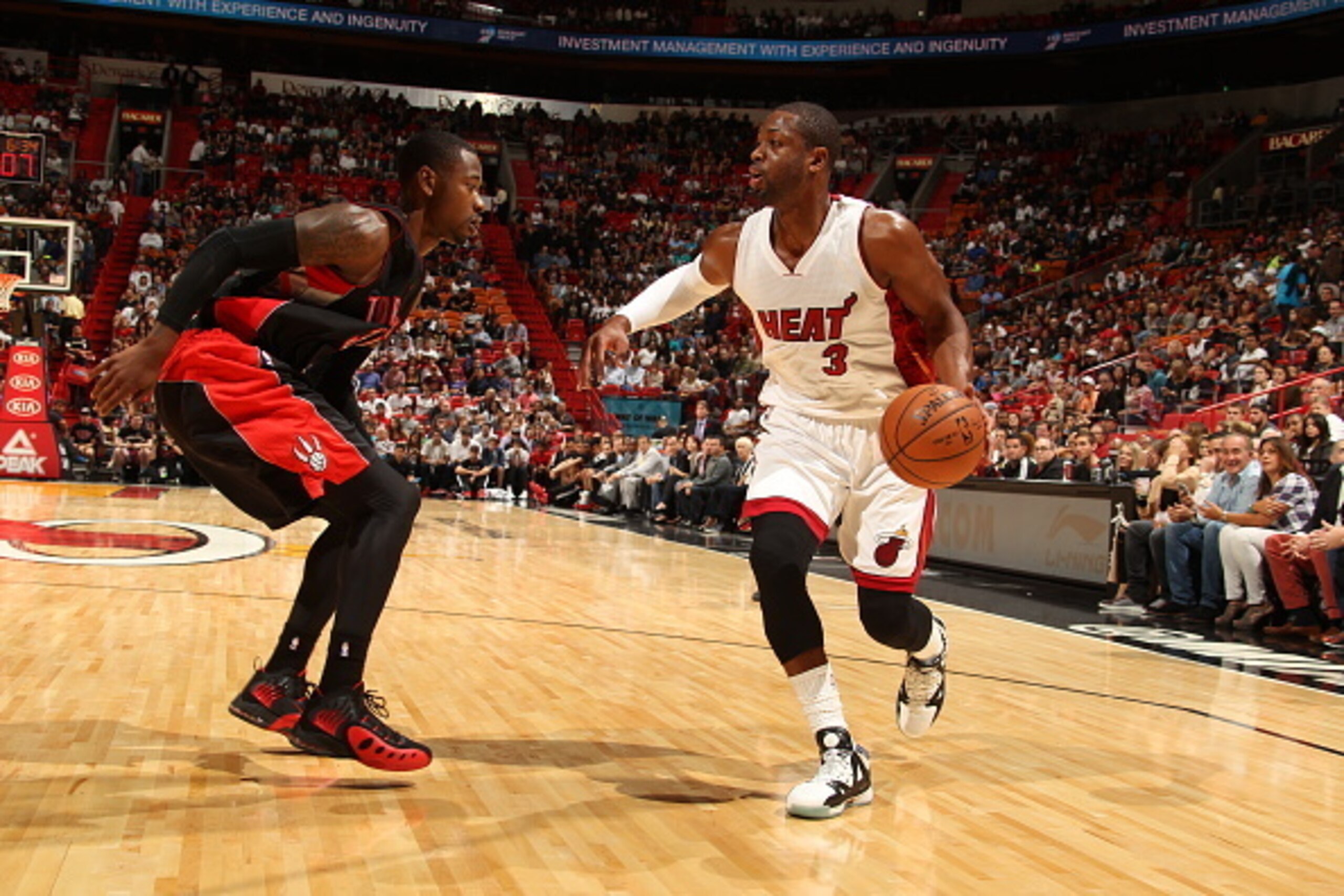MIAMI, FL - NOVEMBER 2:  Dwyane Wade #3 of the Miami Heat handles the ball against the Toronto Raptors during the game on November 2, 2014 at AmericanAirlines Arena in Miami, Florida. NOTE TO USER: User expressly acknowledges and agrees that, by downloadi