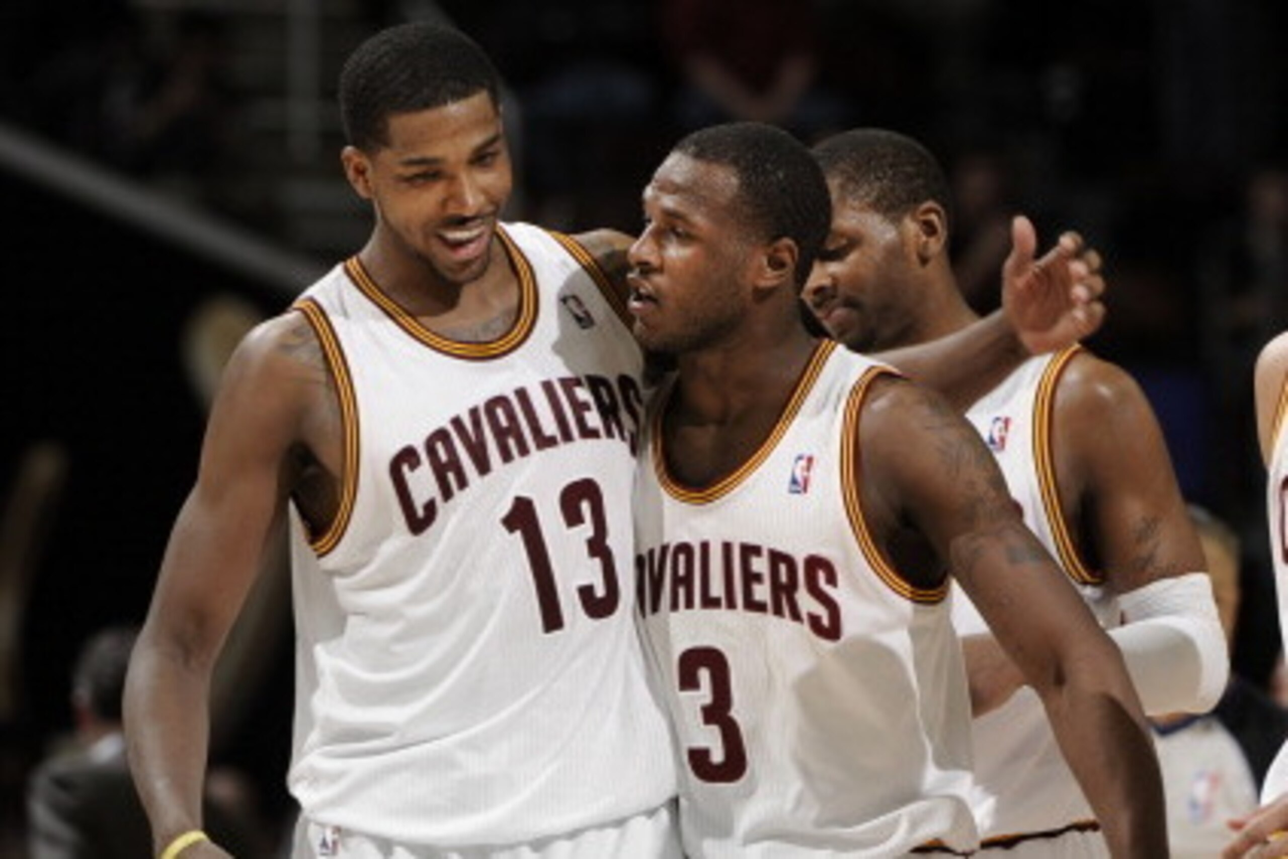 CLEVELAND, OH - MARCH 12:  Tristan Thompson #13, Dion Waiters #3, and Shaun Livingston #14 of the Cleveland Cavaliers celebrate following the victory over the Washington Wizards at The Quicken Loans Arena on March 12, 2013 in Cleveland, Ohio. NOTE TO USER