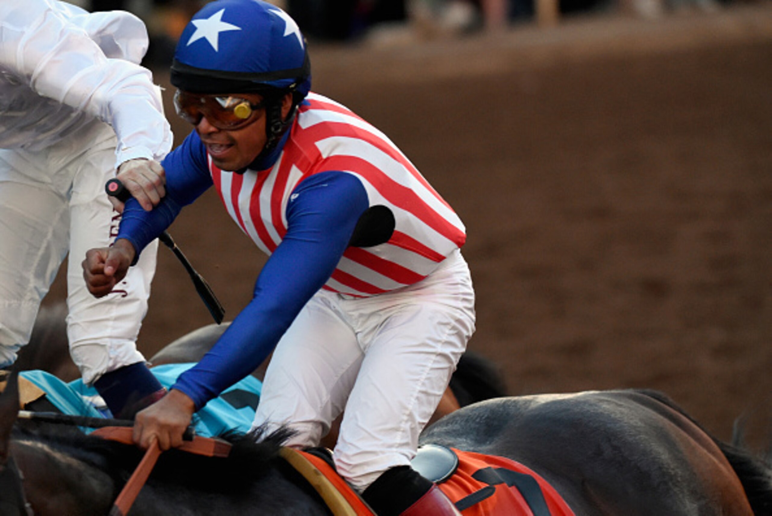 ARCADIA, CA - NOVEMBER 01:  Jockey Martin Garcia atop Bayern celebrates winning the 2014 Breeders' Cup Classic at Santa Anita Park on November 1, 2014 in Arcadia, California.  (Photo by Kevork Djansezian/Getty Images)