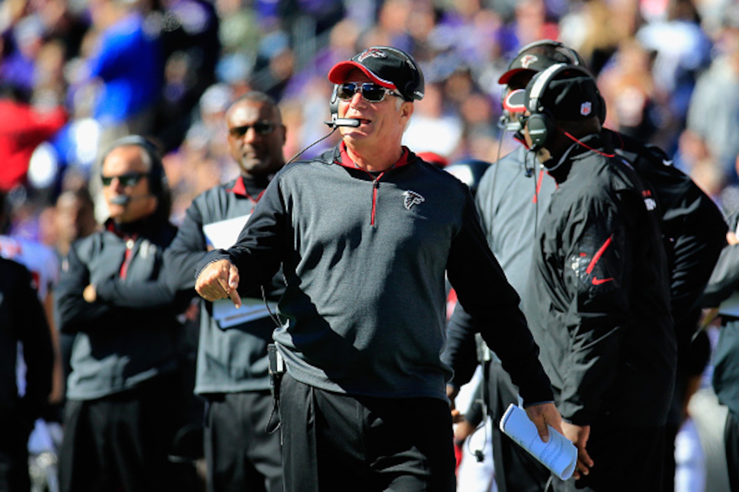 BALTIMORE, MD - OCTOBER 19: Head coach Mike Smith of the Atlanta Falcons reacts to a play on the sidelines against the Baltimore Ravens at M&T Bank Stadium on October 19, 2014 in Baltimore, Maryland.  (Photo by Rob Carr/Getty Images)