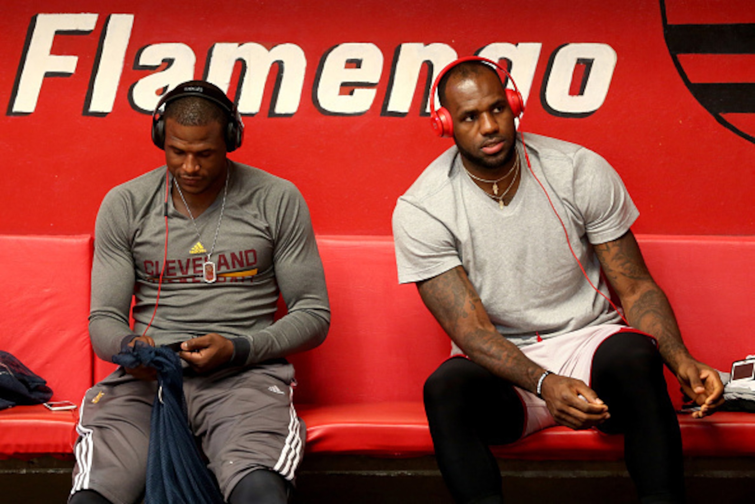 RIO DE JANEIRO, BRAZIL - OCTOBER 10: Dion Waiters #3 and LeBron James #23 of the Cleveland Cavaliers dress for practice at Clube de Regatas do Flamengo in preparation for their game against the Miami Heat on October 10, 2014 in Rio de Janeiro, Brazil. NOT