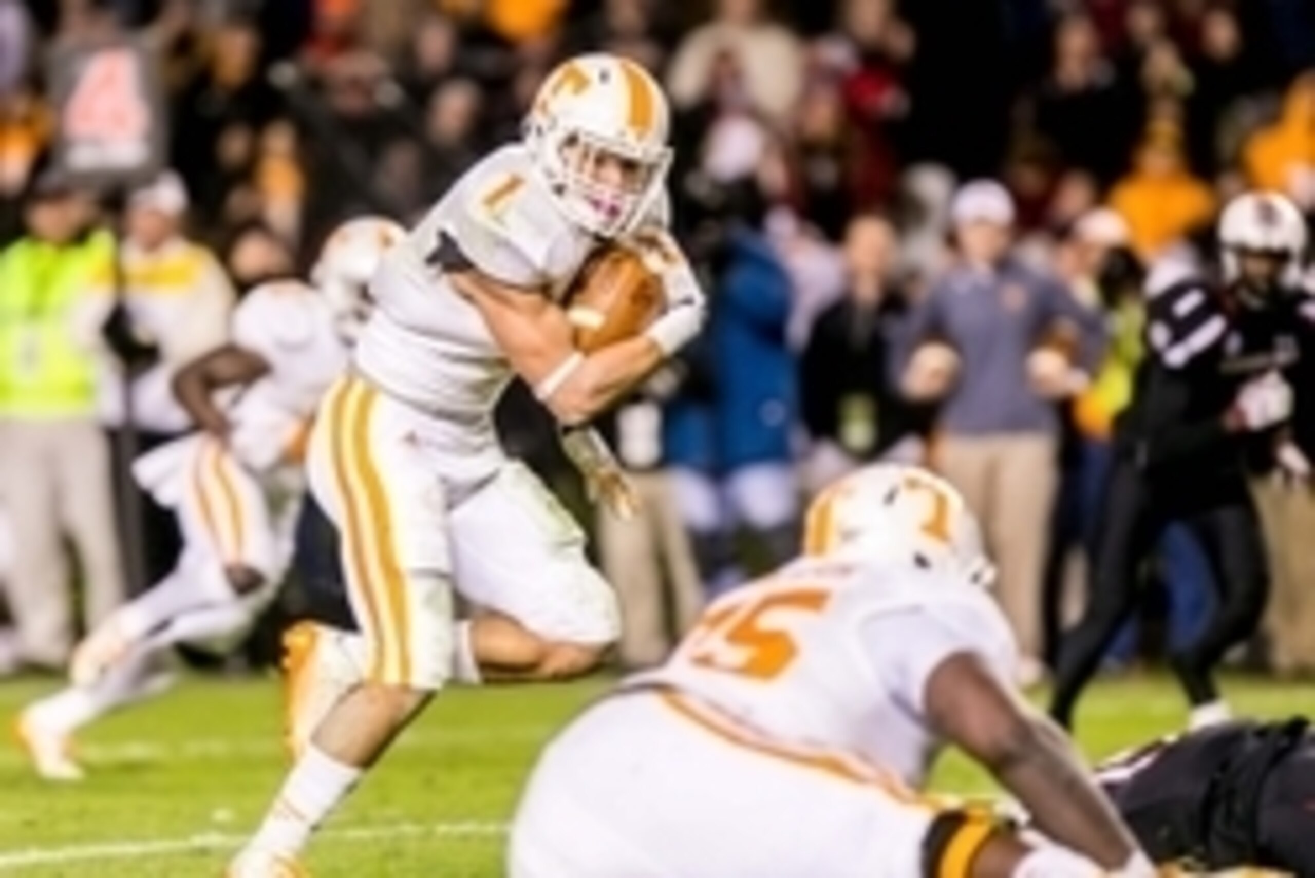 Nov 1, 2014; Columbia, SC, USA; Tennessee Volunteers running back Jalen Hurd (1) runs for a touchdown reception in the fourth quarter at Williams-Brice Stadium. Mandatory Credit: Jeff Blake-USA TODAY Sports