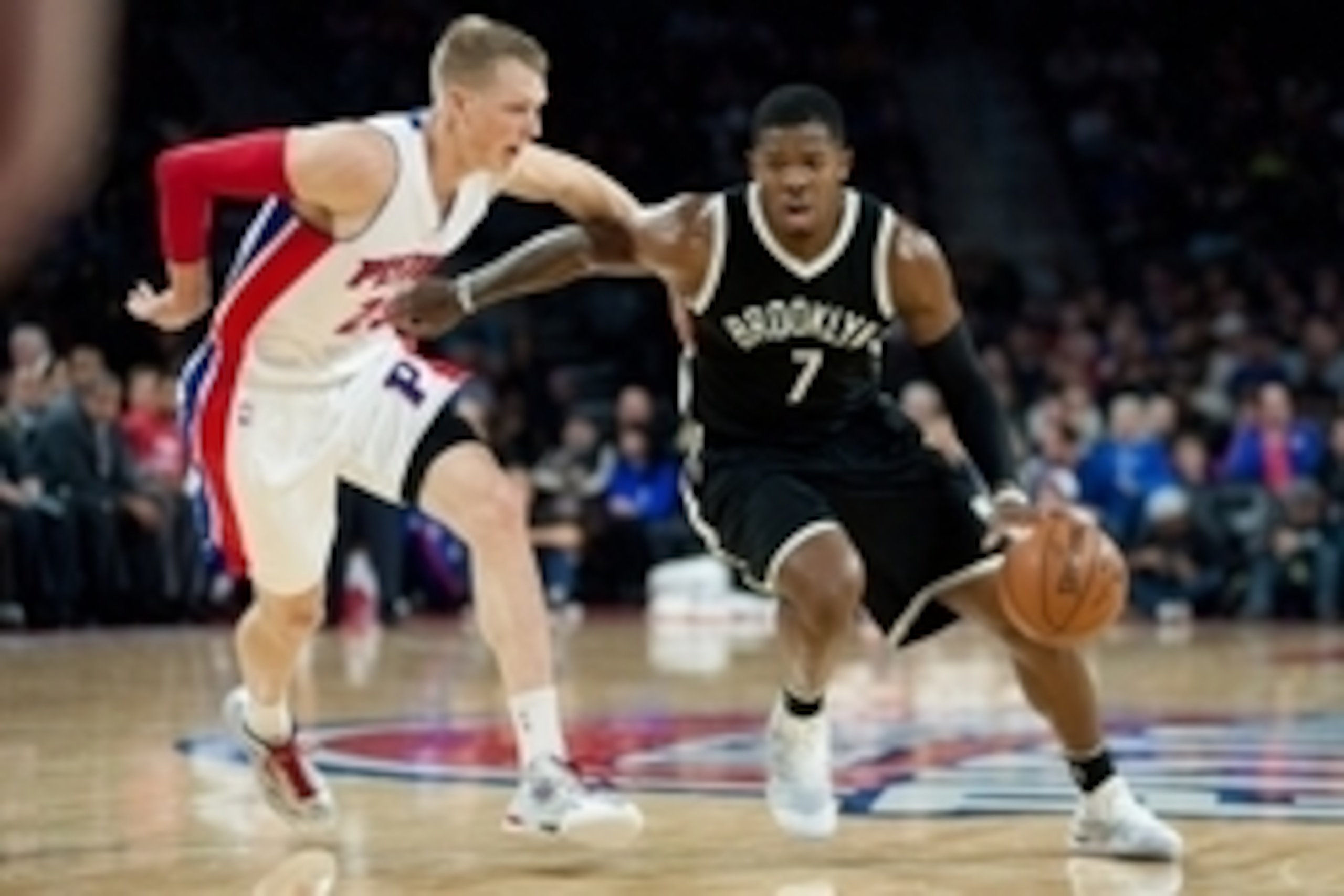 Nov 1, 2014; Auburn Hills, MI, USA; Brooklyn Nets guard Joe Johnson (7) drives to the basket against Detroit Pistons forward Kyle Singler (25) during the first quarter at The Palace of Auburn Hills. Mandatory Credit: Tim Fuller-USA TODAY Sports