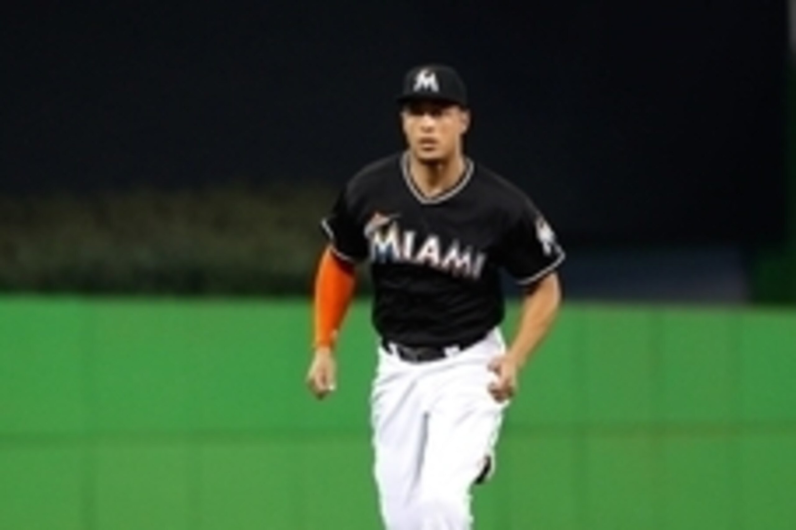 Sep 6, 2014; Miami, FL, USA; Miami Marlins right fielder Giancarlo Stanton before game against the Atlanta Braves at Marlins Ballpark. Mandatory Credit: Robert Mayer-USA TODAY Sports