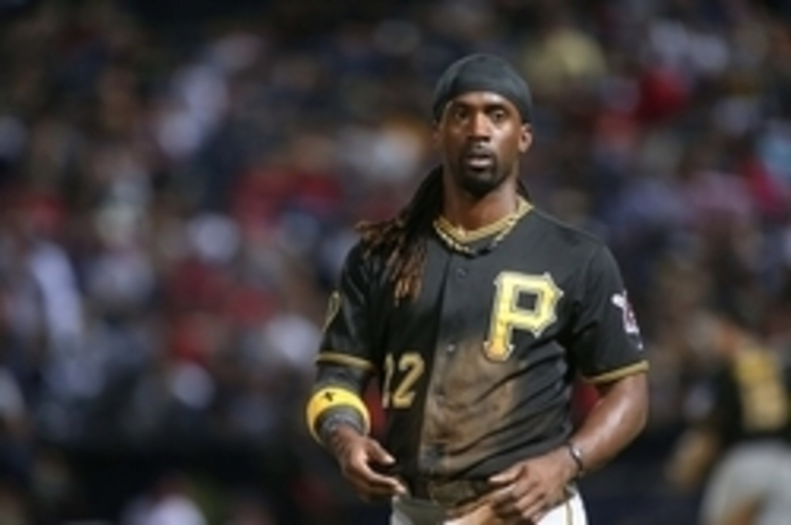 Sep 25, 2014; Atlanta, GA, USA; Pittsburgh Pirates center fielder Andrew McCutchen (22) is shown after the bottom of the fifth inning of their game against the Atlanta Braves at Turner Field. The Pirates won 10-1. Mandatory Credit: Jason Getz-USA TODAY Sp