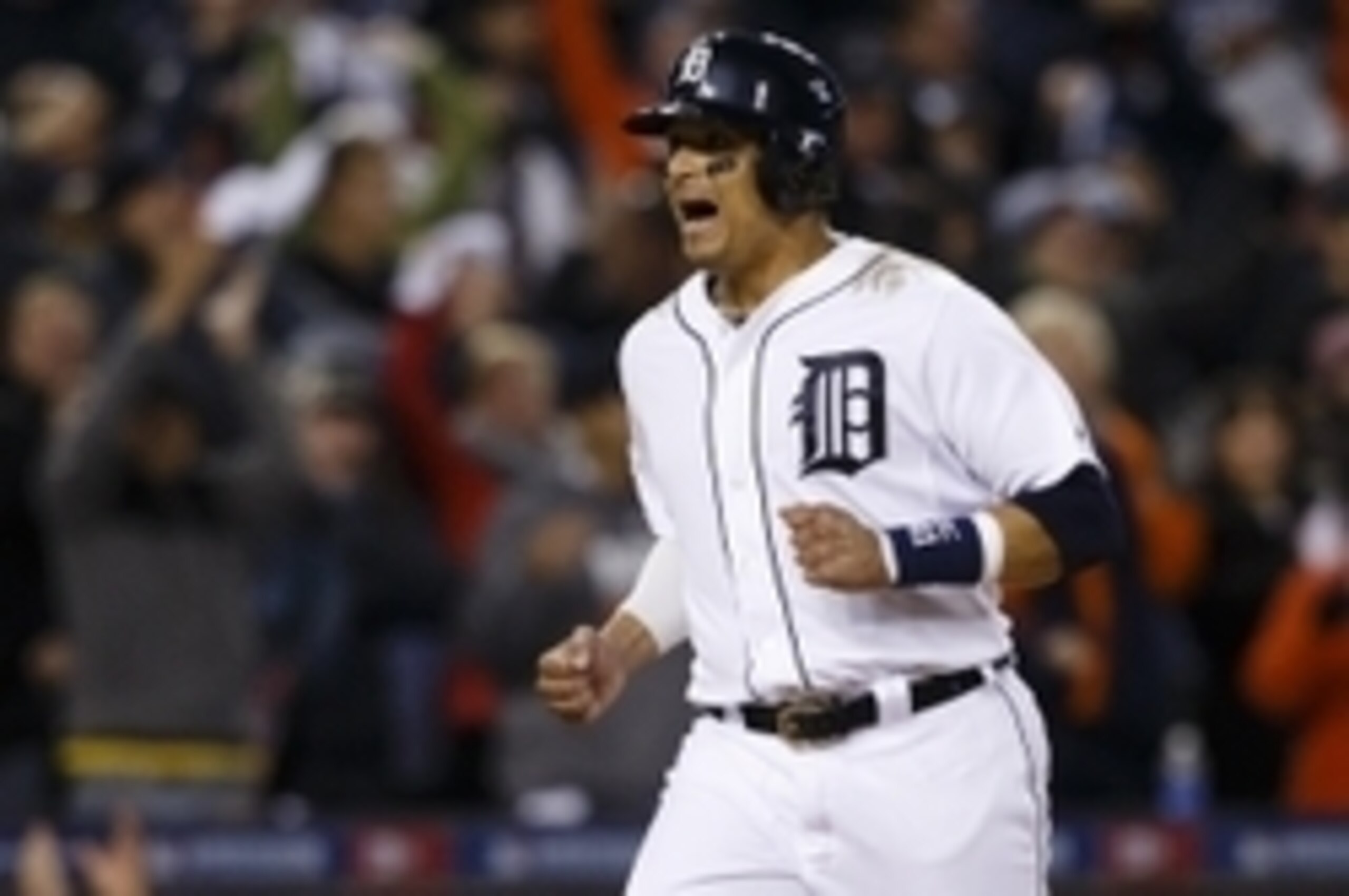 Oct 5, 2014; Detroit, MI, USA; Detroit Tigers designated hitter Victor Martinez (41) celebrates after scoring against the Baltimore Orioles during game three of the 2014 ALDS baseball playoff game at Comerica Park. Mandatory Credit: Rick Osentoski-USA TOD