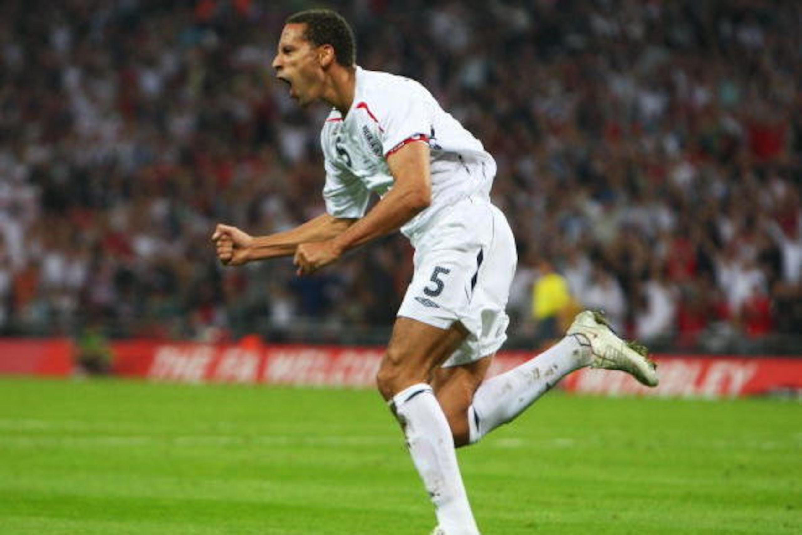 LONDON - OCTOBER 11:  Rio Ferdinand of England celebrates as he scores their first goal with a header during the 2010 World Cup qualifying match between England and Kazakhstan at Wembley Stadium on October 11, 2008 in London, England.  (Photo by Jamie McD