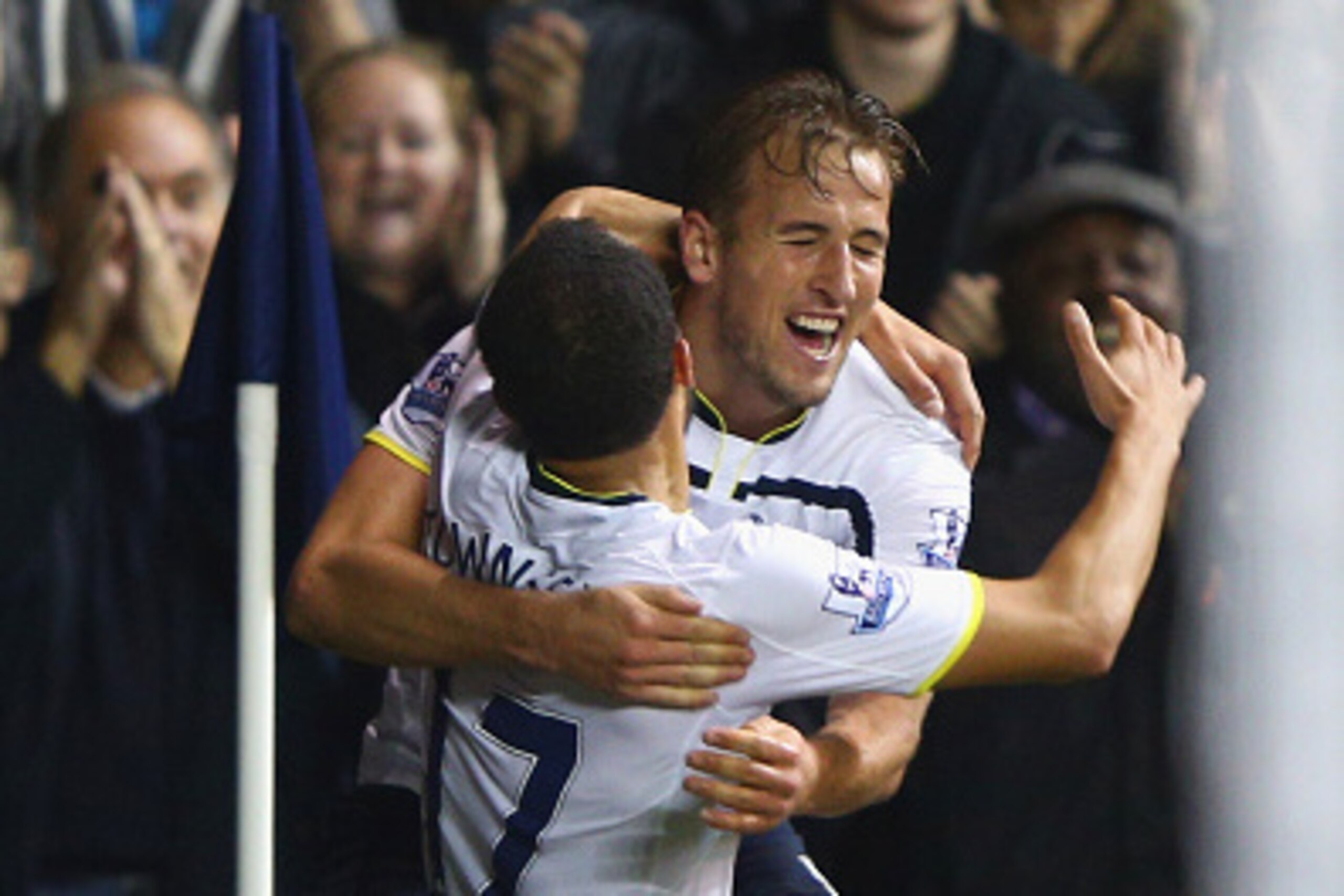 LONDON, ENGLAND - OCTOBER 29:  Harry Kane of Spurs celebrates scoring their second goal with Andros Townsend of Spurs during the Capital One Cup Fourth Round match Tottenham Hotspur and Brighton & Hove Albion at White Hart Lane on October 29, 2014 in Lond