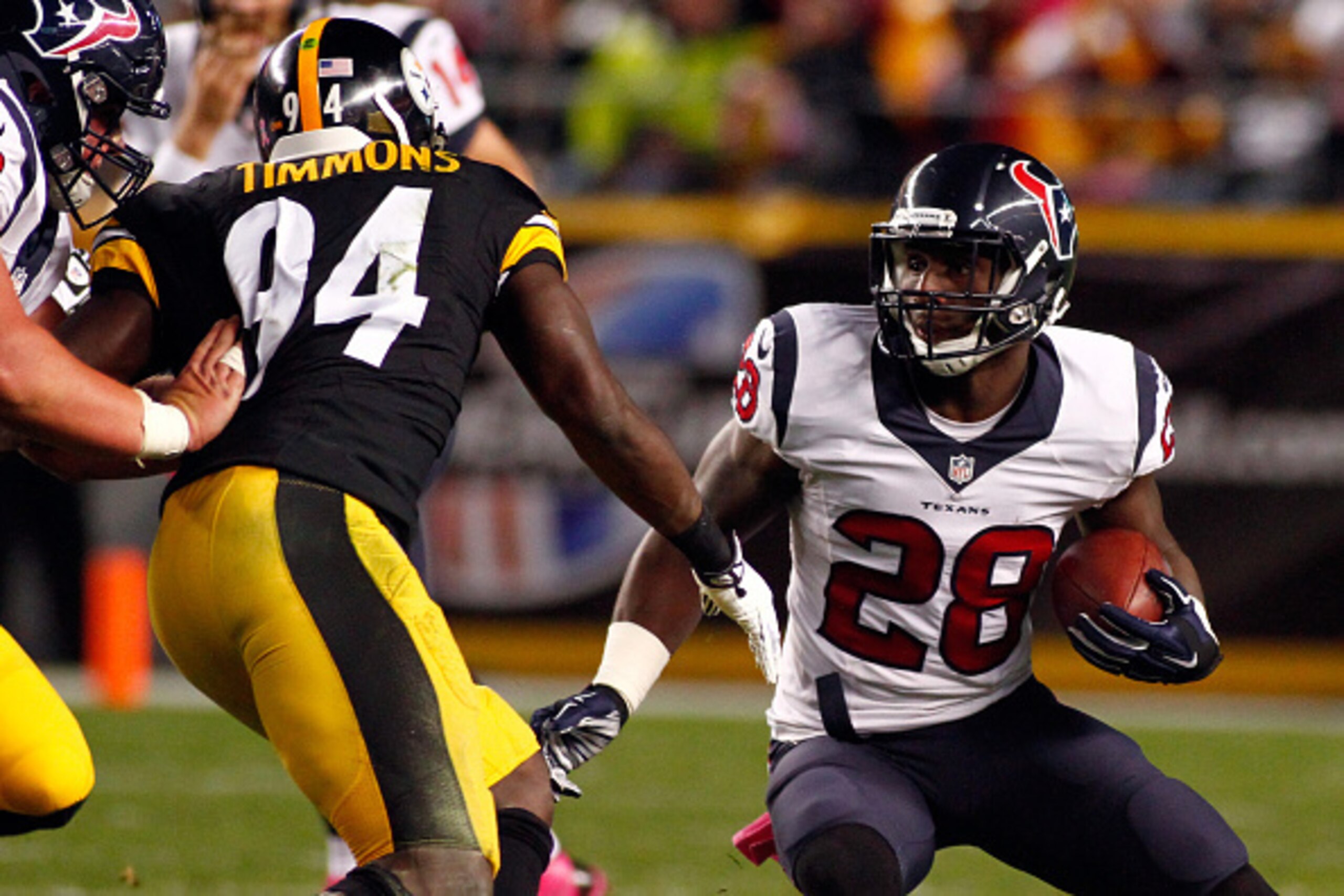 PITTSBURGH, PA - OCTOBER 20: Alfred Blue #28 of the Houston Texans runs the ball in the first quarter against Lawrence Timmons #94 of the Pittsburgh Steelers during their game at Heinz Field on October 20, 2014 in Pittsburgh, Pennsylvania. (Photo by Jus PITTSBURGH, PA - OCTOBER 20: Alfred Blue #28 of the Houston Texans runs the ball in the first quarter against Lawrence Timmons #94 of the Pittsburgh Steelers during their game at Heinz Field on October 20, 2014 in Pittsburgh, Pennsylvania. (Photo by Jus