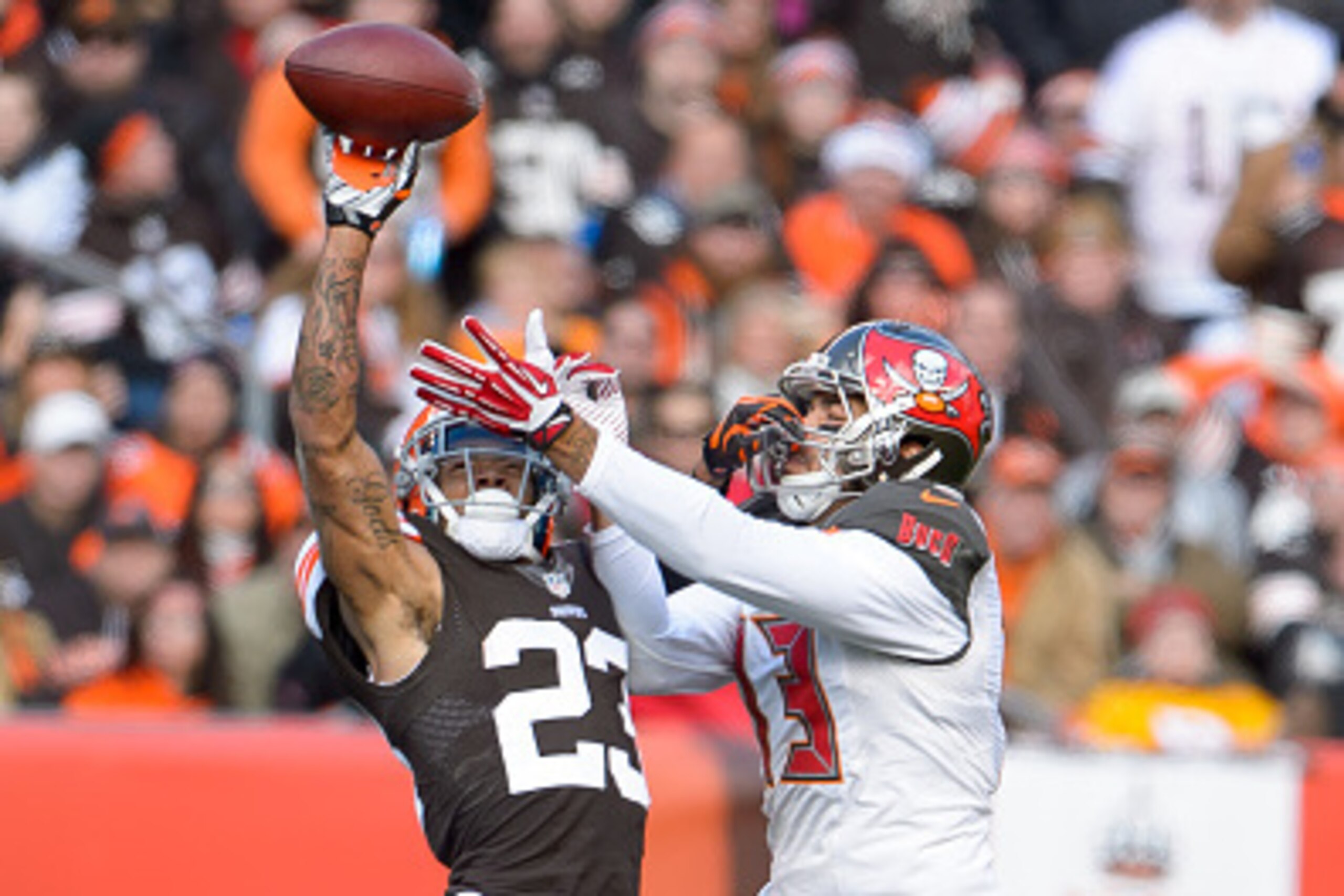 CLEVELAND, OH - NOVEMBER 2: Cornerback Joe Haden #23 of the Cleveland Browns breaks up a pass intended for wide receiver Mike Evans #13 of the Tampa Bay Buccaneers during the first half at FirstEnergy Stadium on November 2, 2014 in Cleveland, Ohio. (Photo