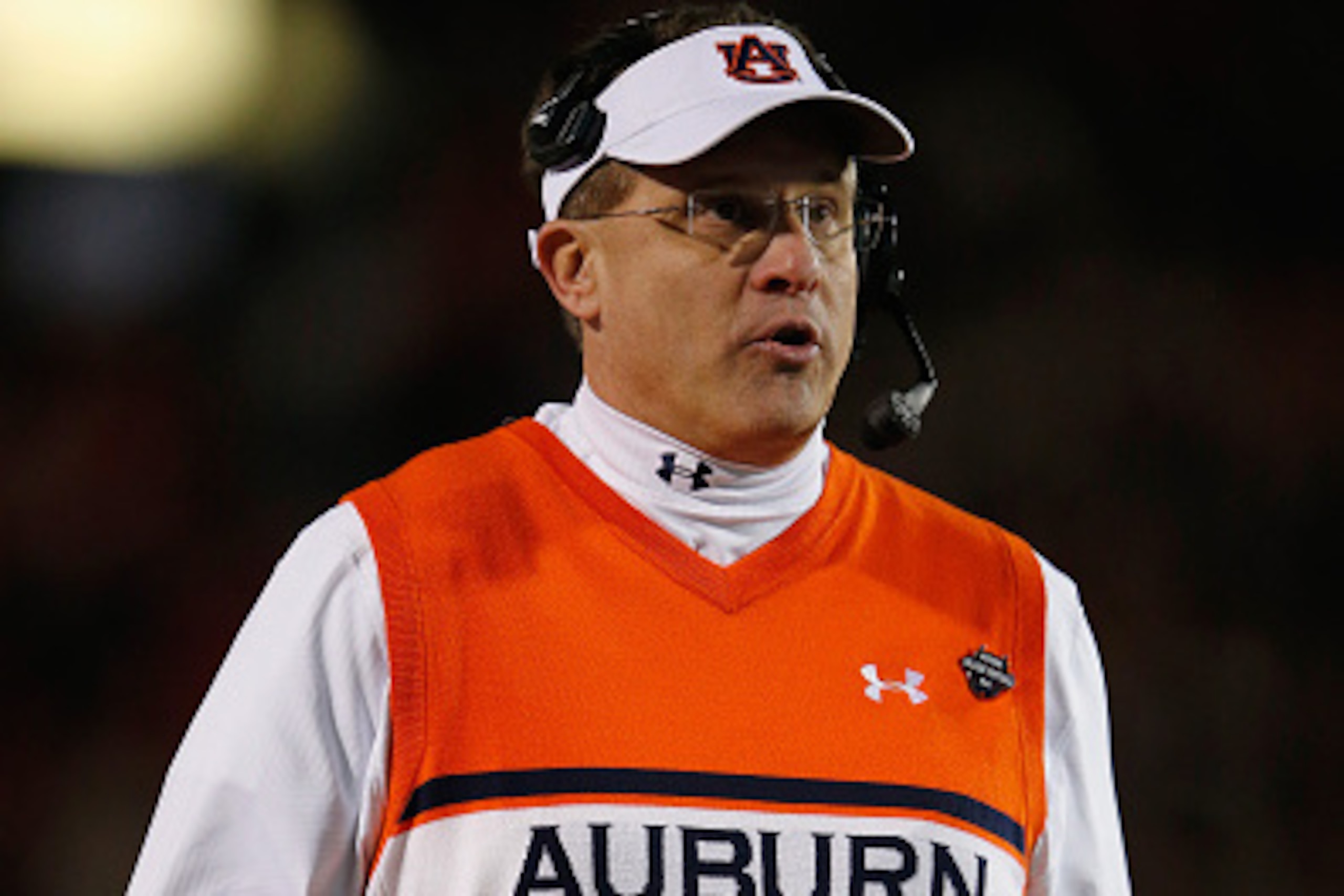 OXFORD, MS - NOVEMBER 01:  Head coach Gus Malzahn of the Auburn Tigers leads his team against the Mississippi Rebels at Vaught-Hemingway Stadium on November 1, 2014 in Oxford, Mississippi. Auburn defeated Mississippi 35-31.  (Photo by Doug Pensinger/Getty