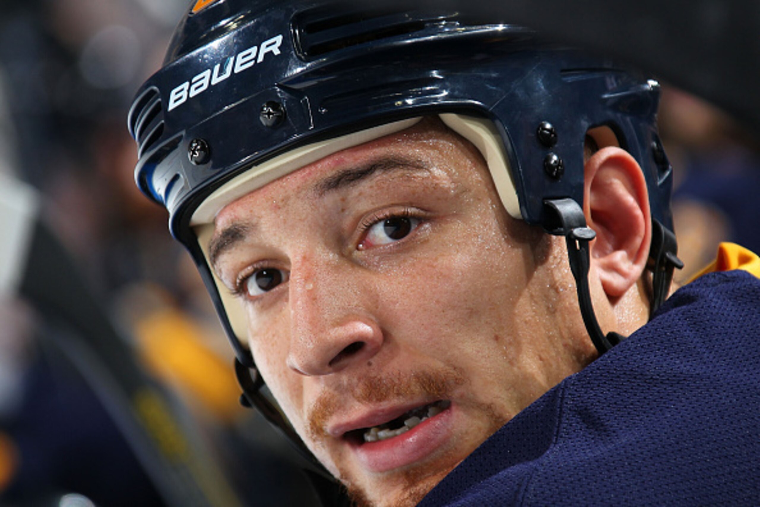 BUFFALO, NY - OCTOBER 30: Chris Stewart #80 of the Buffalo Sabres watches the action against the Boston Bruins on October 30, 2014 at the First Niagara Center in Buffalo, New York.  (Photo by Bill Wippert/NHLI via Getty Images)