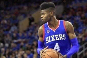 Nov 1, 2014; Philadelphia, PA, USA; Philadelphia 76ers forward Nerlens Noel (4) against the Miami Heat during the first quarter at Wells Fargo Center. Mandatory Credit: Eric Hartline-USA TODAY Sports