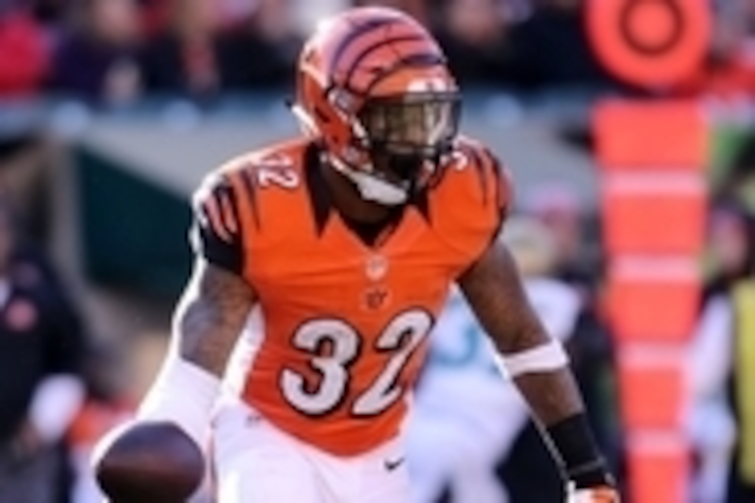 Nov 2, 2014; Cincinnati, OH, USA; Cincinnati Bengals running back Jeremy Hill (32) hands the ball off in the second half against the Jacksonville Jaguars at Paul Brown Stadium. Cincinnati defeated Jacksonville 33-23.  Mandatory Credit: Mark Zerof-USA TODA