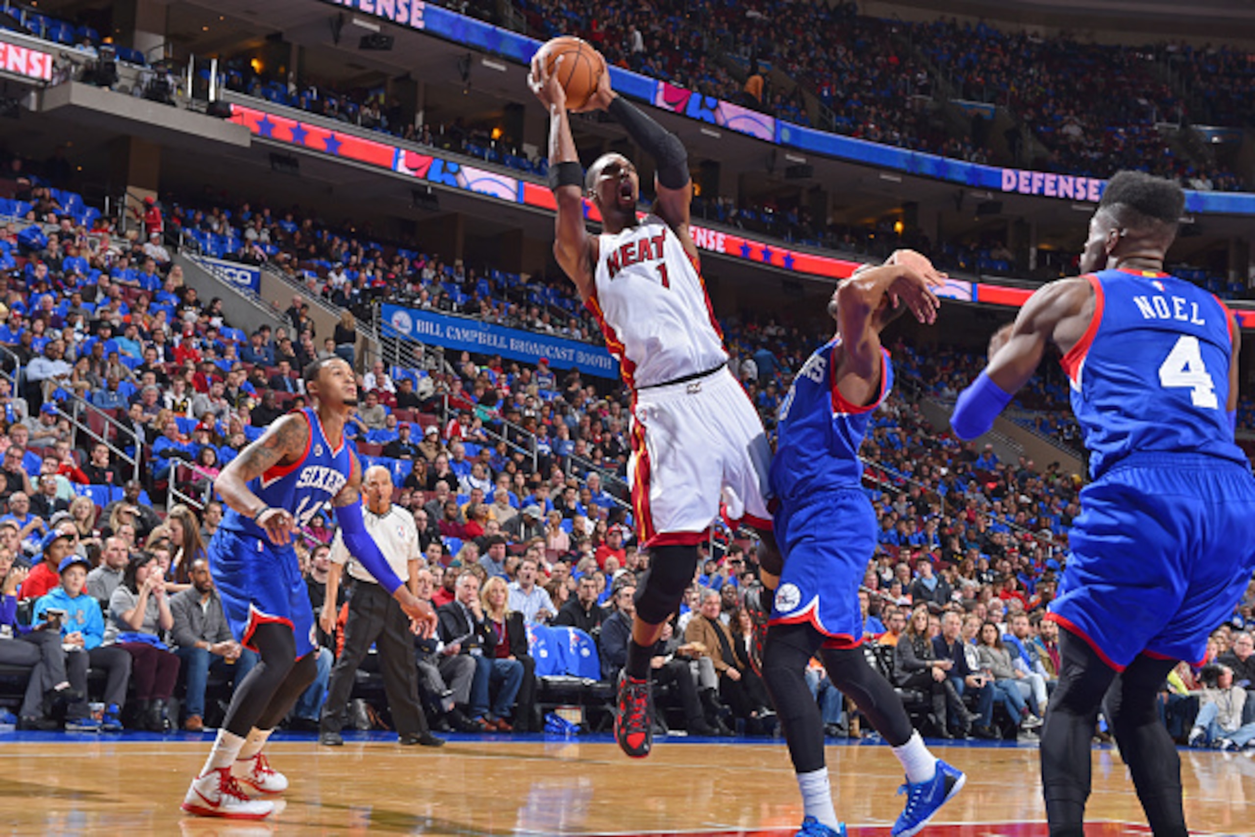 PHILADELPHIA, PA - NOVEMBER 1: Chris Bosh #1 of the Miami Heat takes a shot against the Philadelphia 76ers during the game on November 1, 2014 at the Wells Fargo Center in Philadelphia, Pennsylvania. NOTE TO USER: User expressly acknowledges and agrees th